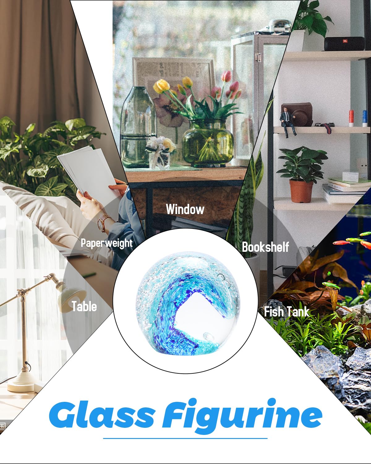 Bdor Hand Blown Glass Sphere Ocean Waves, Blue Paperweight, Decorative Ball, Sea Glass Art, Crystal Collectible, Home & Office Decor, Gift, Mother Day