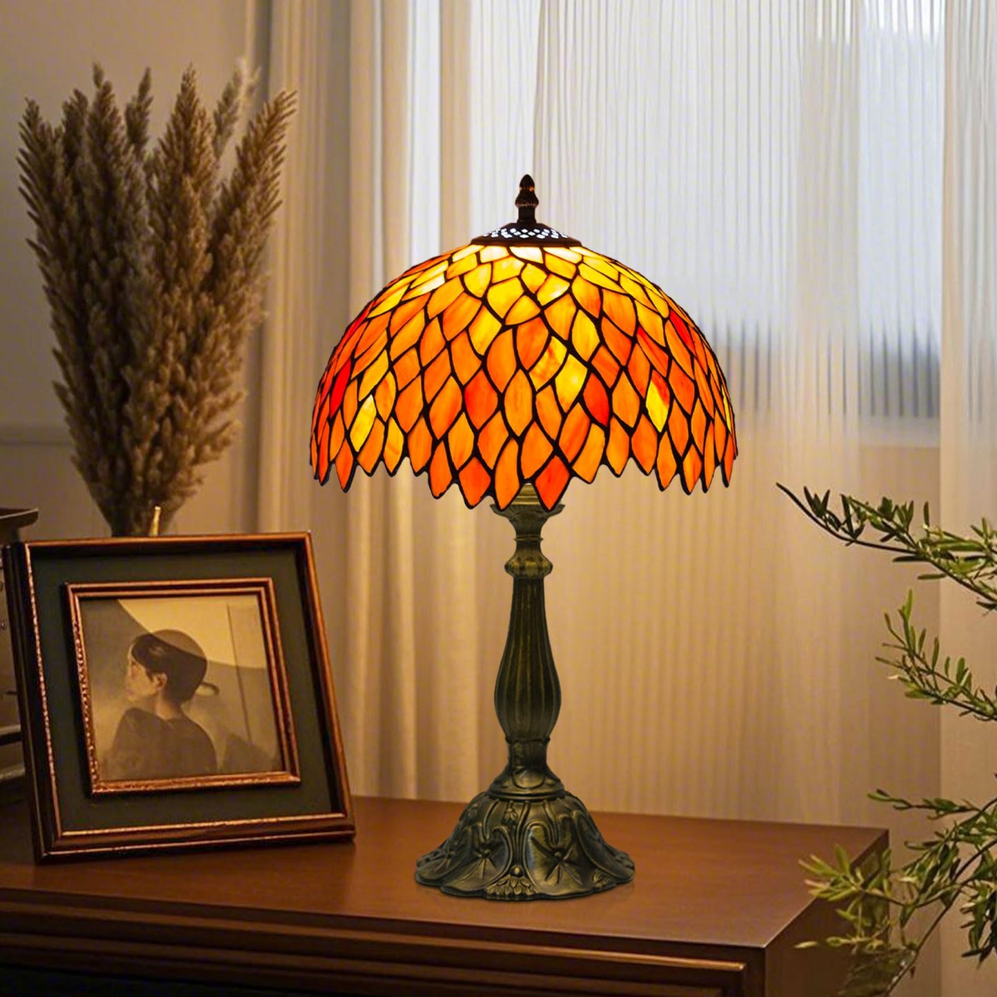 Crefotu 12 Inch Tiffany Table Lamps with Remote Control, Stained Glass Lamp with Stepless Dimmable Colors Temperature & Brightness for Living Room Bedroom Office, 9W Bulb Included (Orange)