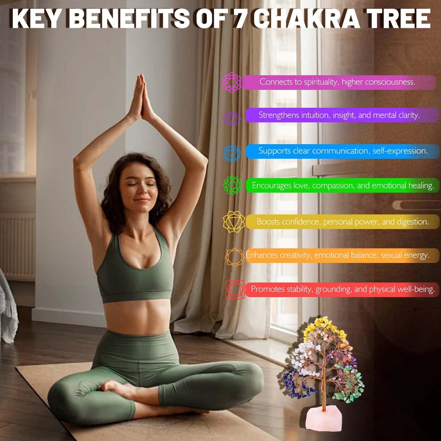 Natural Crystal Tree of Life Chakra Healing Trees Home Decor, Office Decor, Living Room Decor, Handmade Money, Good Luck Christmas Tree Birthday Gifts for Women Mom (Rose Quartz-Base)