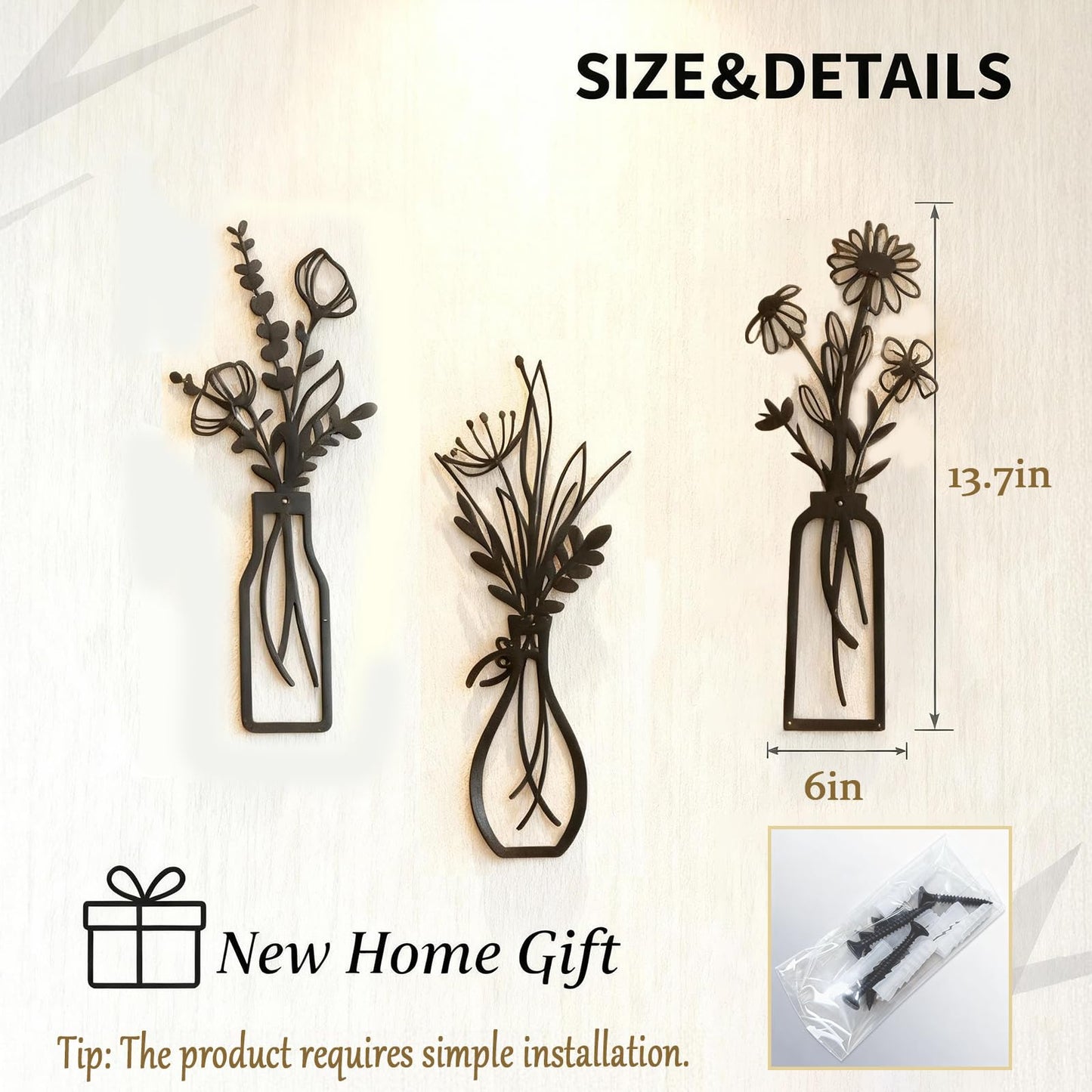 Set of 3 Black Metal Flower Wall Art, Modern Farmhouse Rustic Vase Wall Decor for Living Room Bathroom Kitchen Bedroom, Elegant Gift for Housewarming Spring Mother's Day for Homeowners