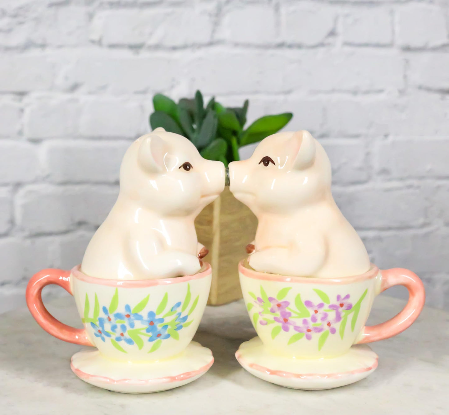 Ebros Ceramic Pastel Pink Adorable Tea Cup Pigs In Miniature Teacups Kissing Salt And Pepper Shakers Set Valentines Love Porky Pig Themed Figurines Party Kitchen Collectible Decorative Accents