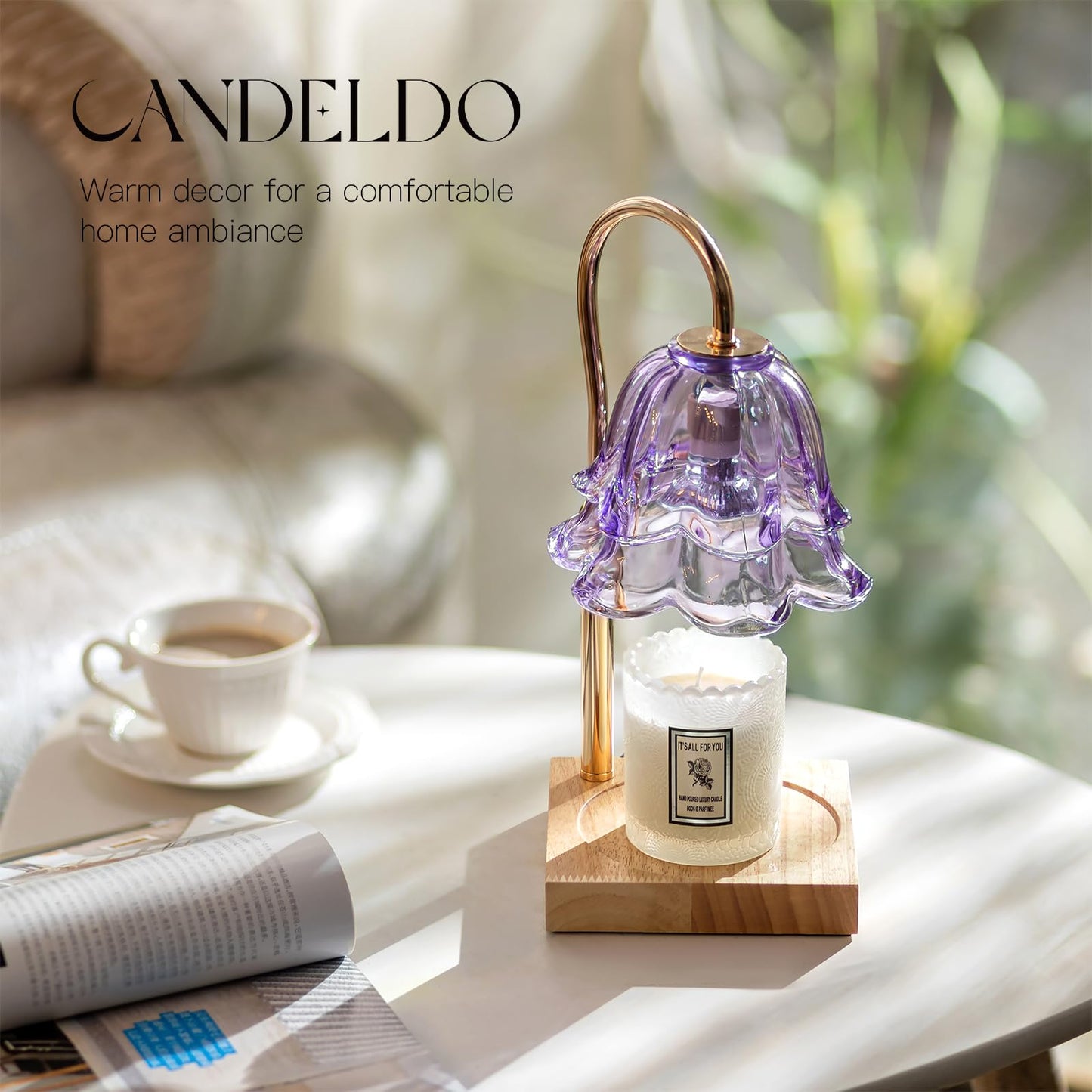 Candeldo Candle Warmer Lamp with Timer: Purple Flower Candle Warming Lamp with 2 Bulbs Height Adjustable Wax Warmer Dimmable Bedroom Decor Mothers Day Gift for Women