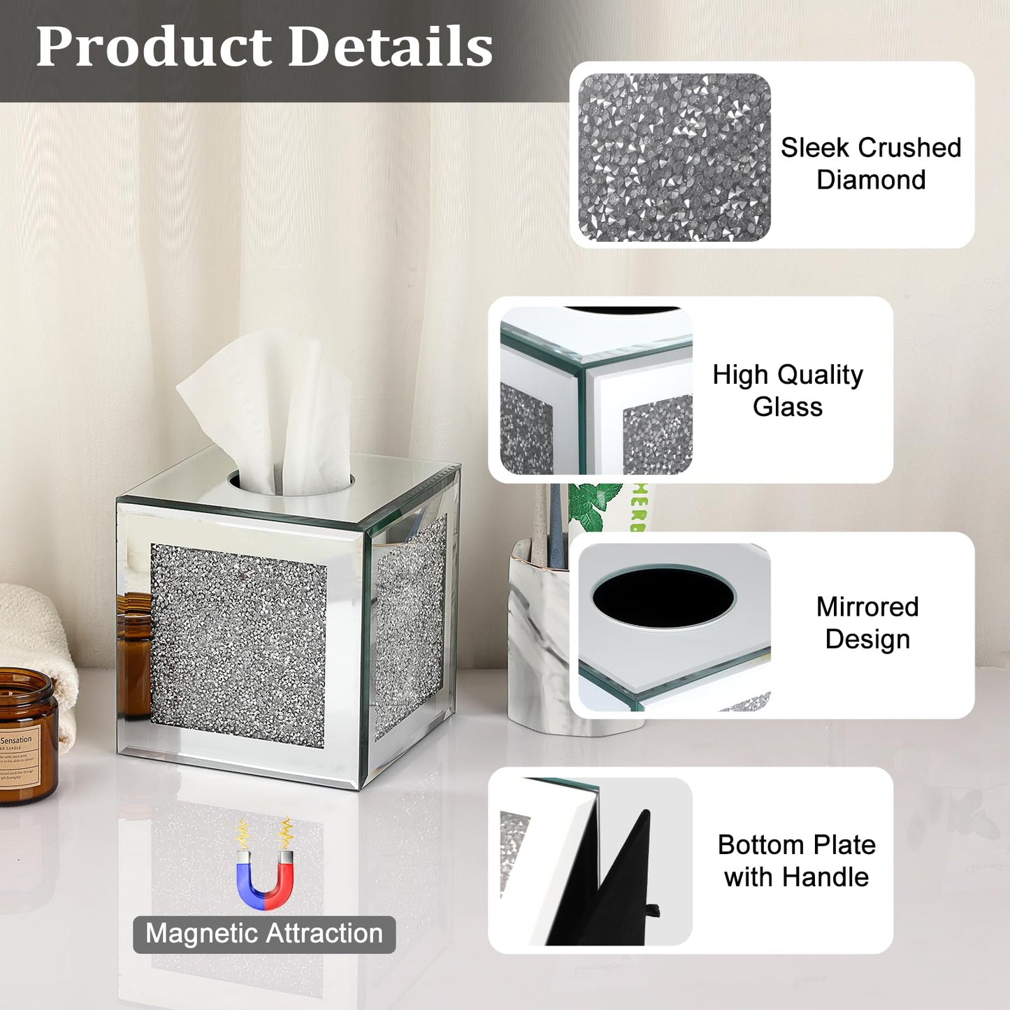 Sumnacon Crystal Square Tissue Box Cover, Silver Glass Cube Tissue Box Holder, Decorative Facial Tissue Holders Dispenser for Bathroom Vanity Dresser Night Stand Table Countertop Office Home Decor