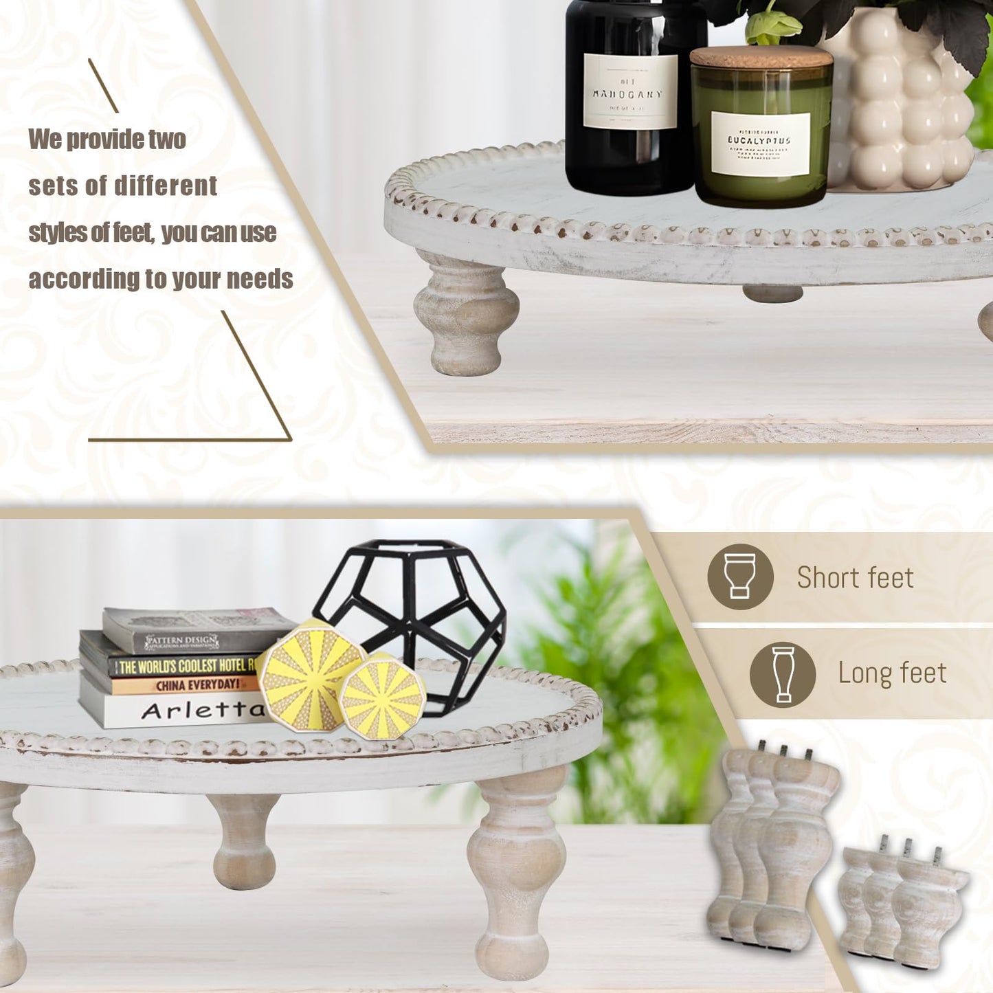 MAONAME Farmhouse Wood Riser for Display, Decorative Pedestal Stand for Kitchen Counter, Rustic Round Beaded Wooden Display Tray for Home Decor, Short and Tall Footed, 11.87 Inch