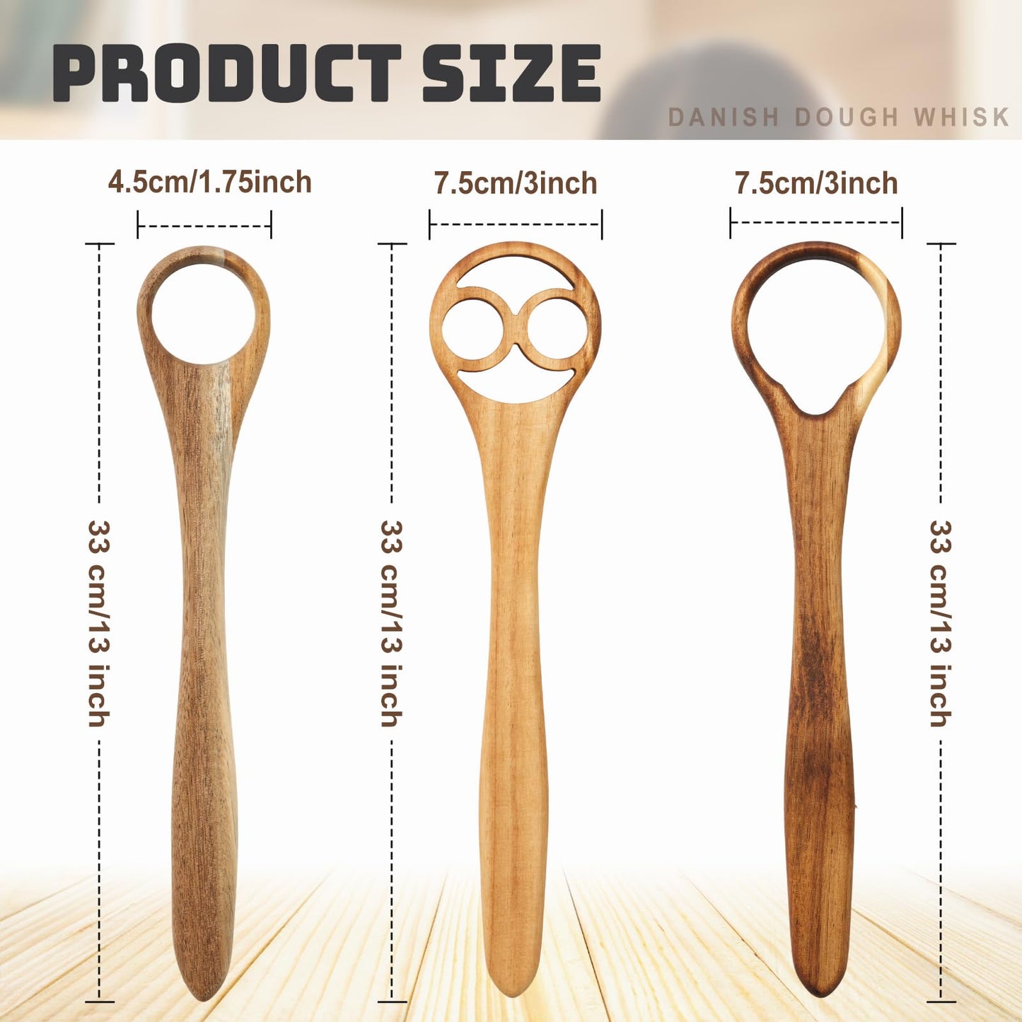 SiliFine Danish Dough Whisk Set of 3, 13" One-piece Acacia Wood Sourdough Whisk for Bread, Pizza, Batter & Starter, Cake Biscuits Flow-through Design, Handmade Bread Baking Gift