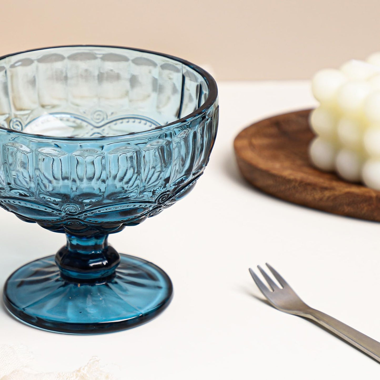 Gaolinci Vintage Line Embossed Glass Footed Dessert Bowl Ice Cream Bowl Trifle Bowl Salad Bowl Candy Cake Bowl for Home Party Wedding, 12 Oz