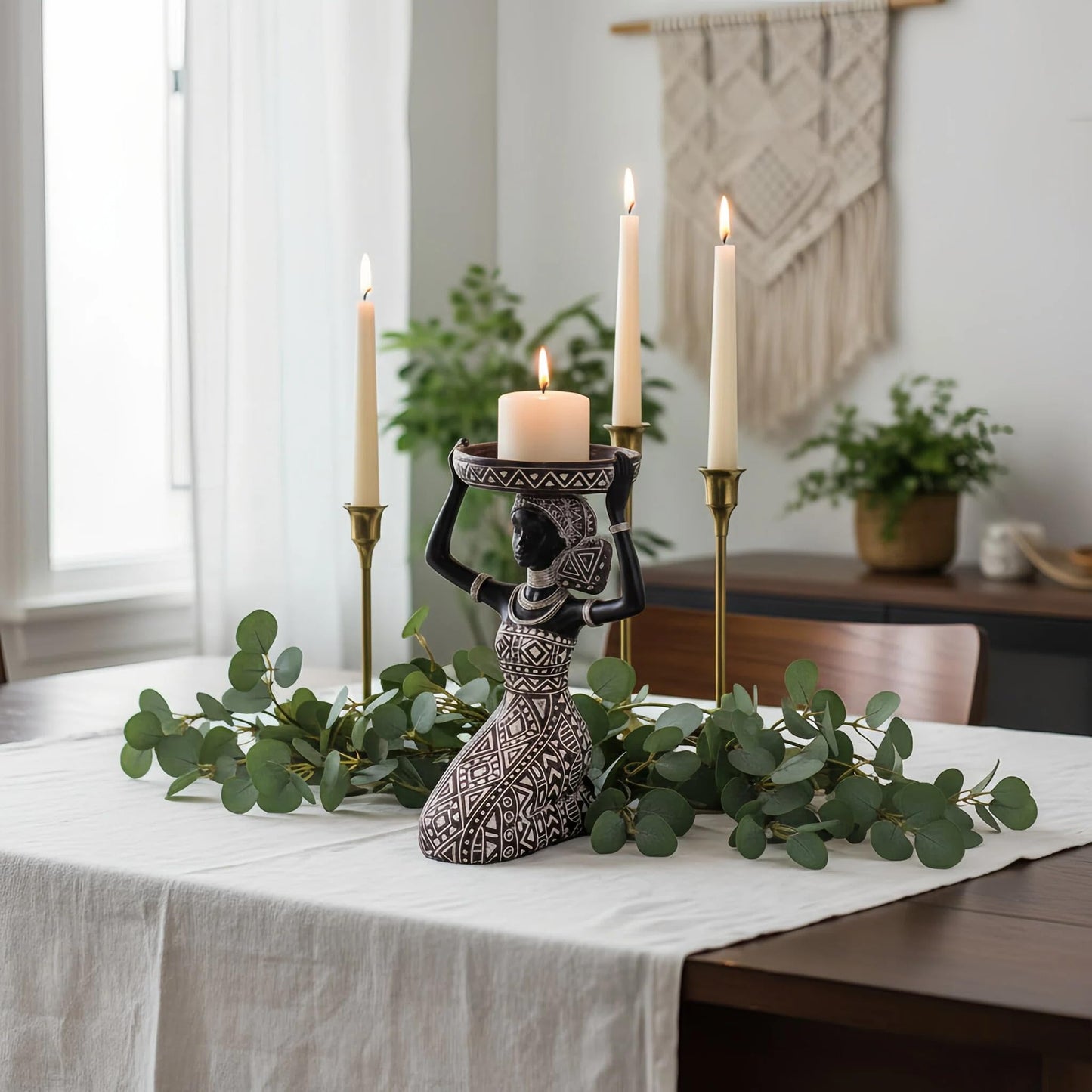 African Lady Figurine Candle Holder with African Tribal Totem for Wedding, Holiday Decor-African Decorative Women Statues, Candlestick Holder for Home and Table Decor(753-Brown)