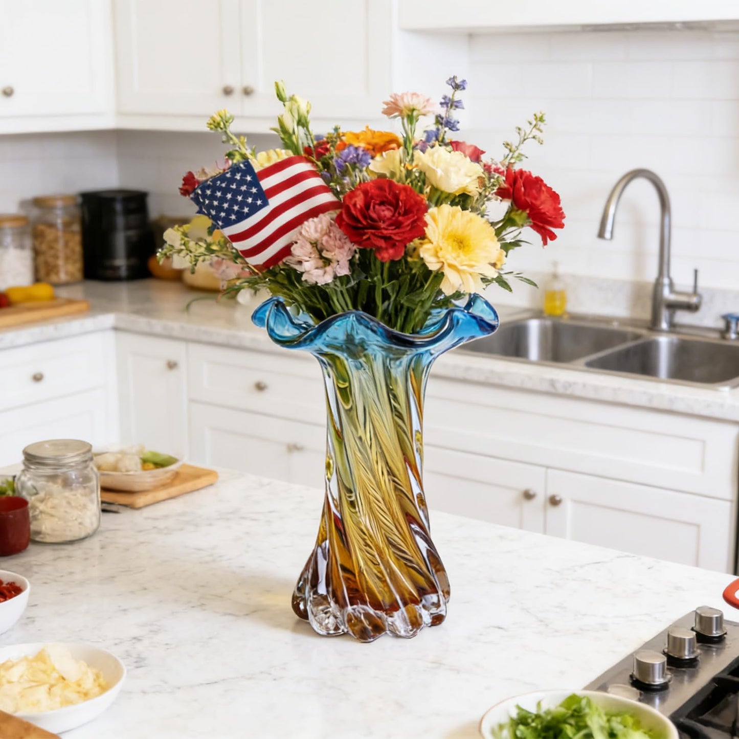 Hand Blown Glass Vase with Flower-Shaped Rim, 10.63in Spiral Swirl Blue to Golden Gradient Vase for Home Centerpiece, Coffee Table, Living Room & Independence Day Decor (S)