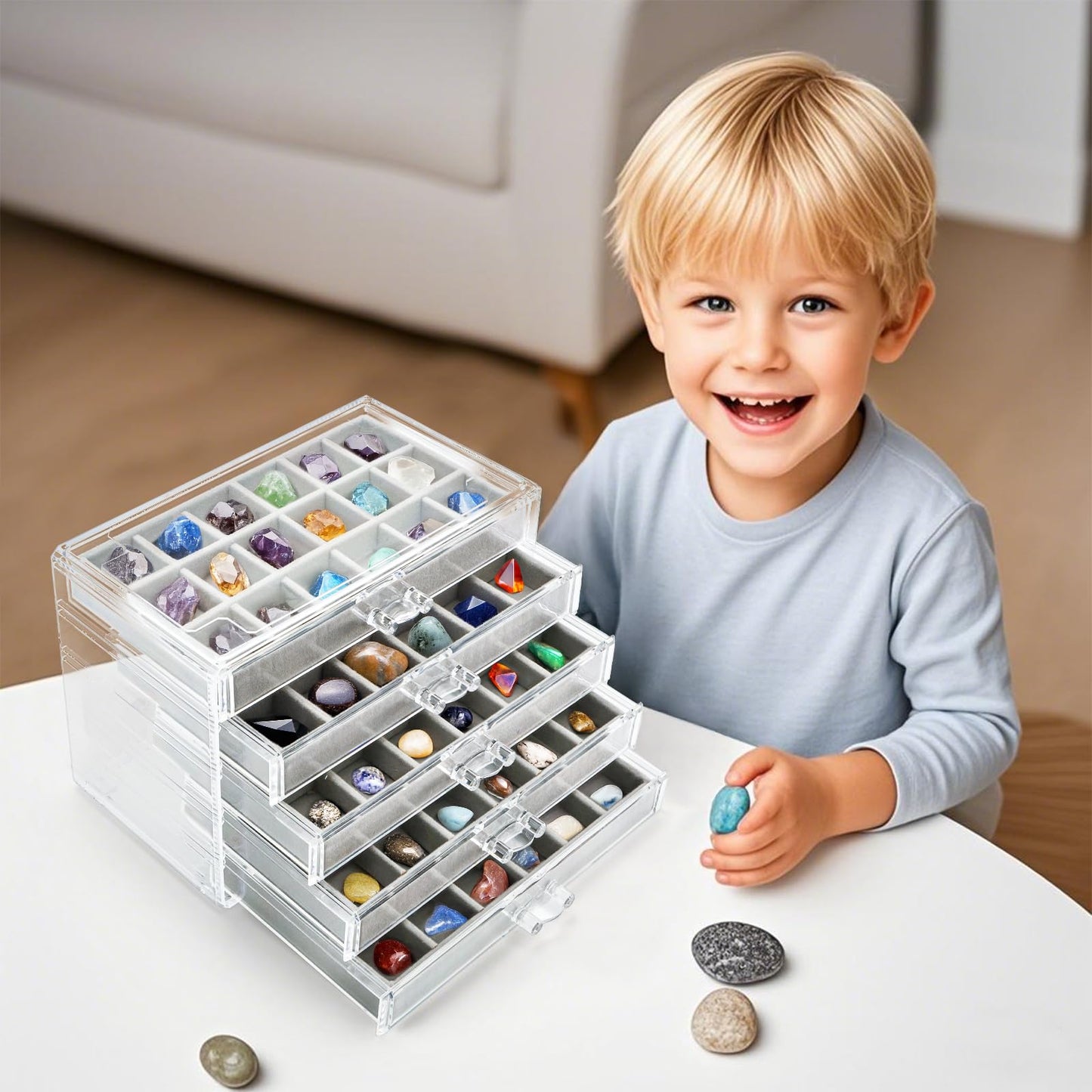 Jucoan Clear Acrylic Rock Display Case, 5 Layer 90 Grids Rock Collection Case with Adjustable Velvet Insert, Mineral Gemstone Storage Organizer Box for Kids Crystals, Rocks Collection