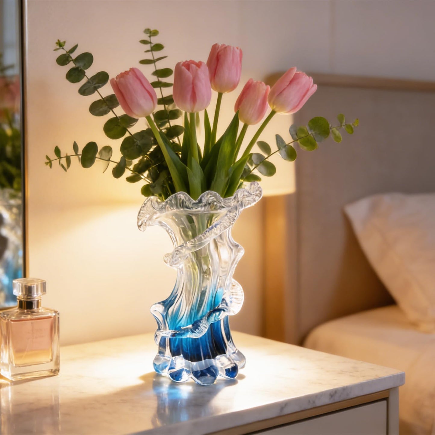 Unique Hand Blown Blue Glass Vase - Artistic Blue Gradient Flower Vase for Home Decor, Centerpieces & Office Shelf