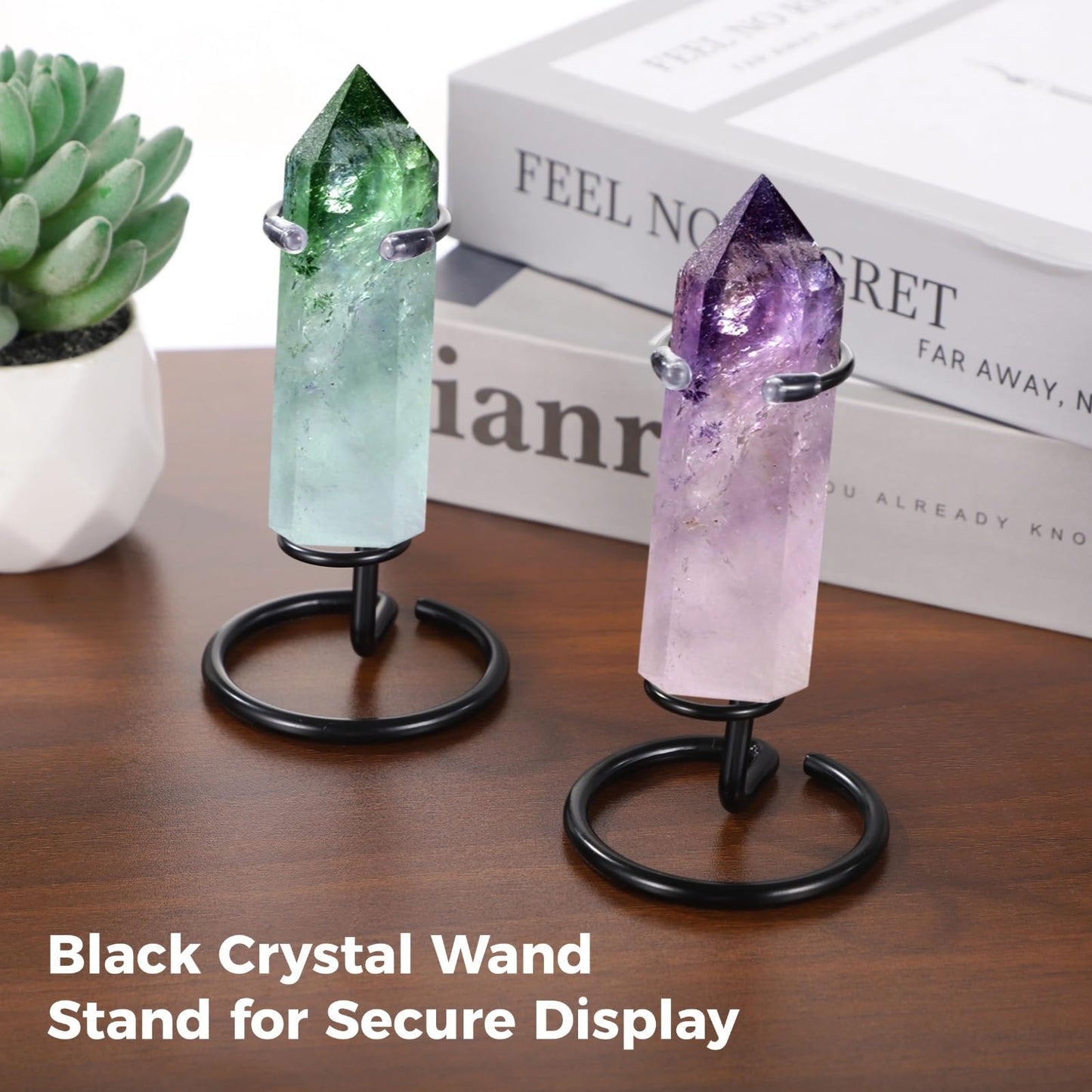 OMISTAR 8 Pcs Black Crystal Wand Stand, Metal Hexagonal Pillar Display Stands for Crystals, Adjustable Rings for Secure Display, Ideal for Home, Office, or Exhibition Use