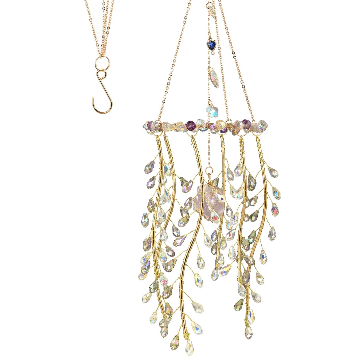 Crystal Hanging Suncatcher with Natural Stone, 16.9 Inch Decorative Wind Chime, Gold Chain & Branch Design (Purple)