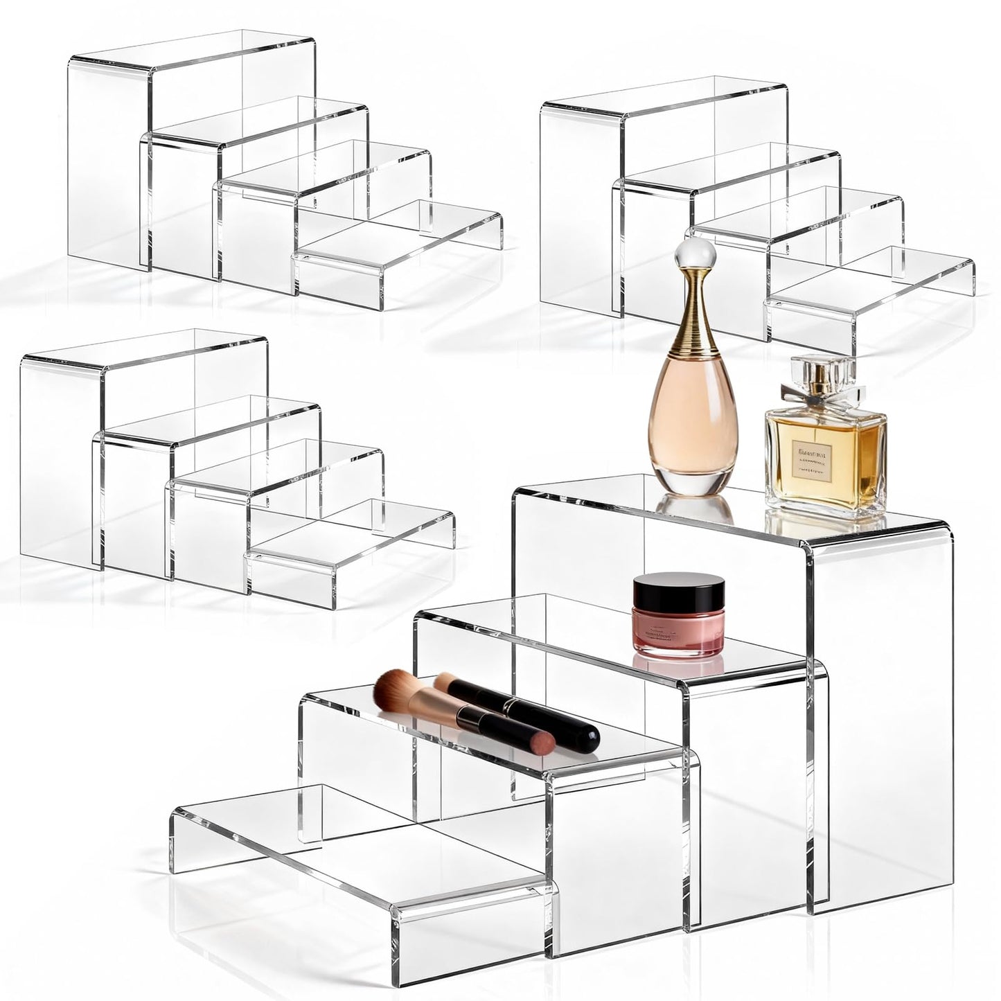 StyEdEk 16 Pcs 4 Set Acrylic Risers 4 Sizes(7" L~9" L) Riser Display Shelf Cupcake Stand Display Cabinet Clear Rectangular Display Stands Set for Figures, Jewelry, Perfume, Dessert Table Display