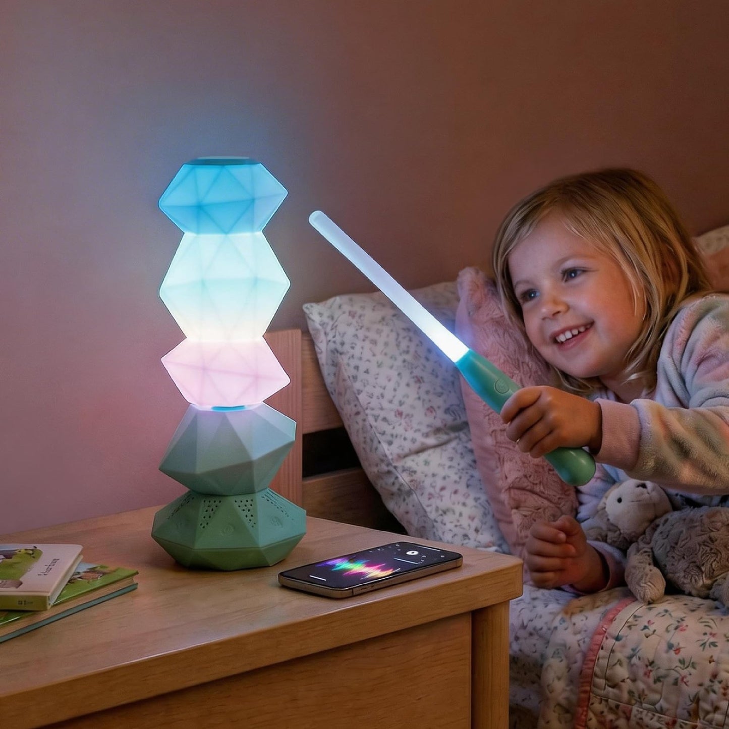 BITILLUM RGB Mood Lamp with Bluetooth Speaker, Rotating Ambient Night Light with Magic Wand Control, Dimmable Color Changing Aesthetic Lamp for Bedroom, Gaming Room, Desk & Teen Gifts