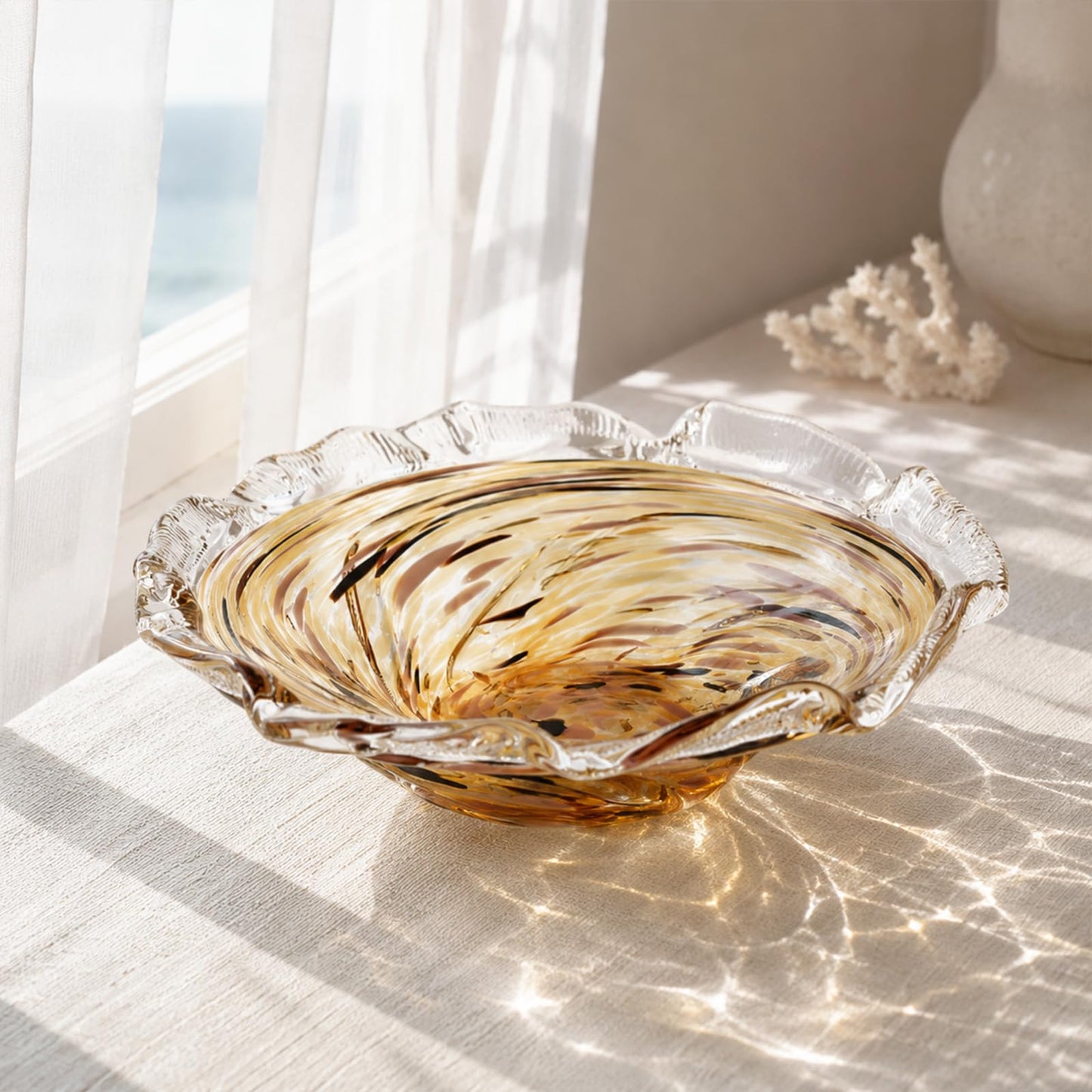 Large Hand Blown Glass Bowl, Ocean Wave Ruffled Rim Decorative Fruit Bowl, Swirled Blown Glass Centerpiece Bowl Glass, Blown Glass Art for Kitchen Counter Fruit Display or Office Candy Bowl (Amber)