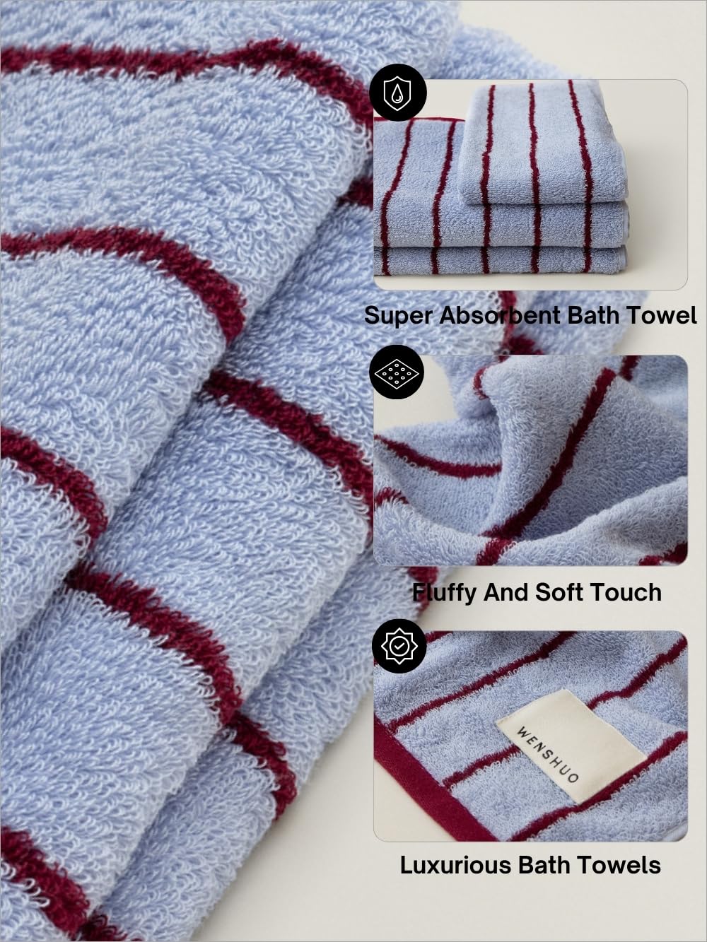 WENSHUO Sea Salt Twilight-Pure Cotton Striped Hand Towel,100% Combed Cotton,Luxury Towel,Super Absorbent(Pack of 1) (29.53" L × 13.39" W)