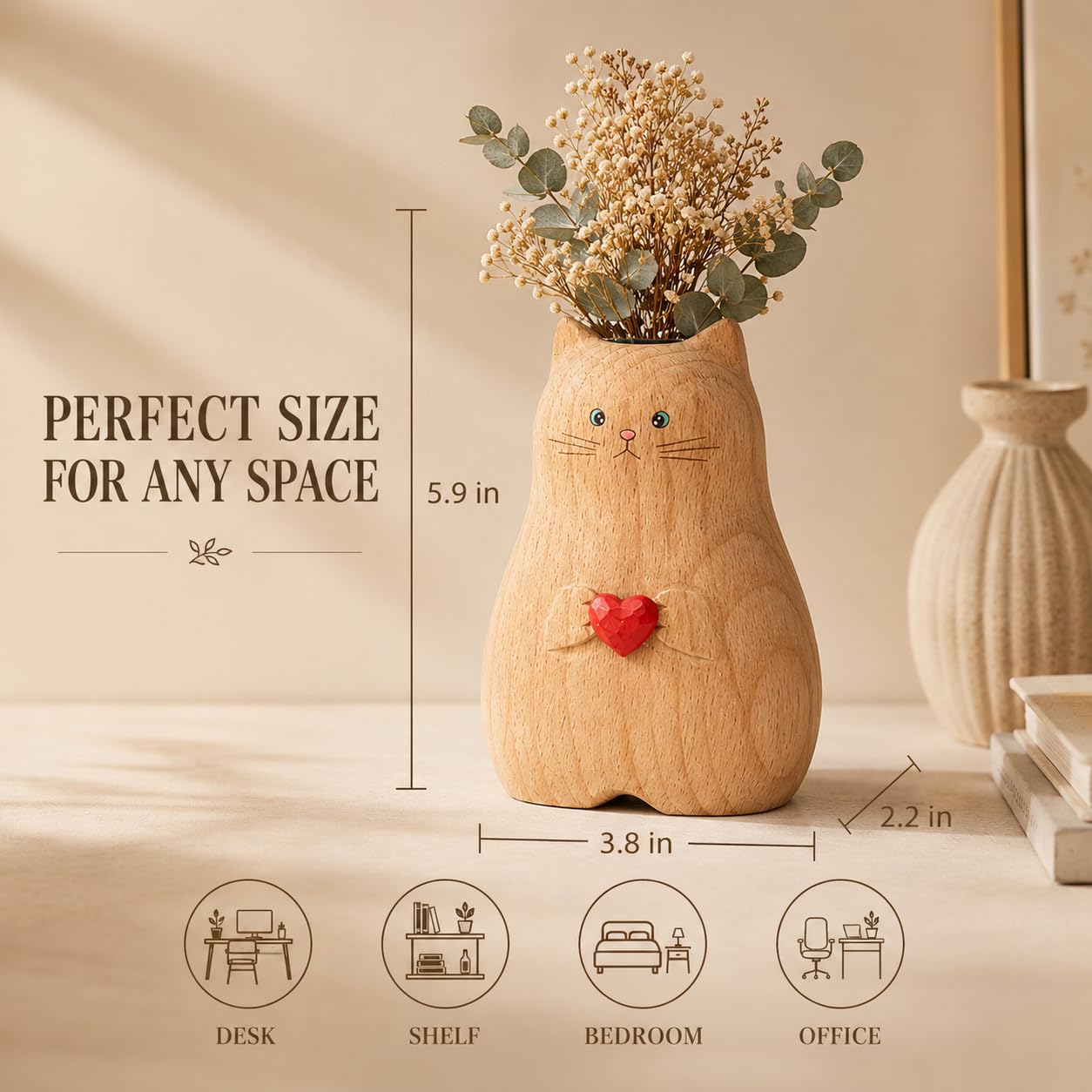 Cat Vase Handmade Wooden Vase, Home Decor Small Vases,Solid Wood Cat Statue Holding Heart Shaped,Modern Creative Cat Decor