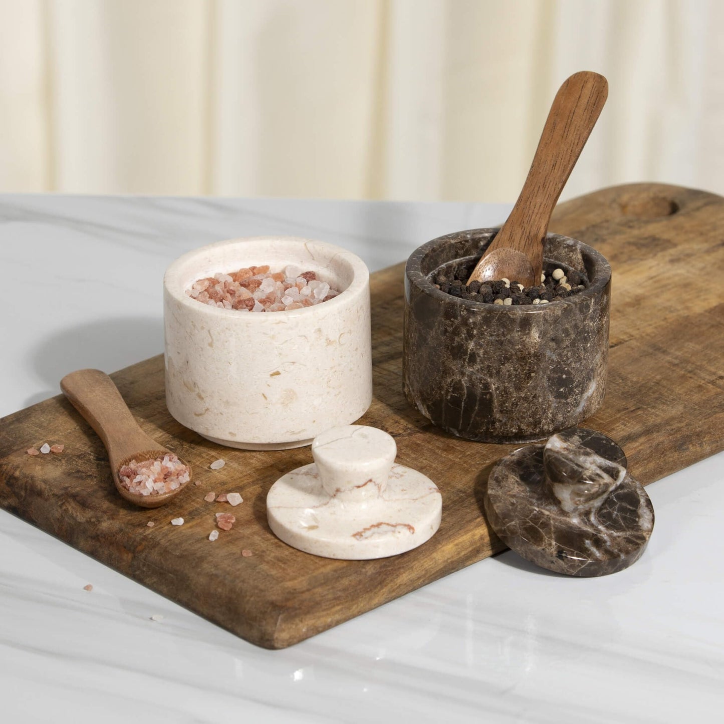 Beige Marble Salt Cellar with Lid (3.5oz) - Scratch-resistant & Easy-to-Clean Salt Containers for Countertop - Elegant & Versatile Marble Jar to Store Salt, Sugar & Dry Spices - Compact Salt Dispenser