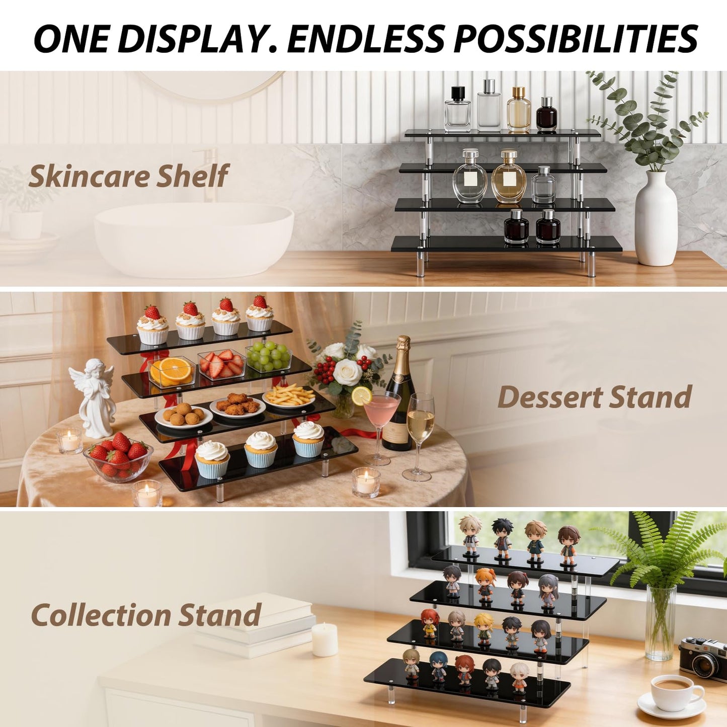 Acrylic Display Stands Risers, Perfume Cologne Organizer, Black 4 Tier Cupcake Stand Riser Shelf Compatible with Funko Pop Figures Food Dessert Makeup Skincare Cosmetics Lotion Organizer (2 PACKS)