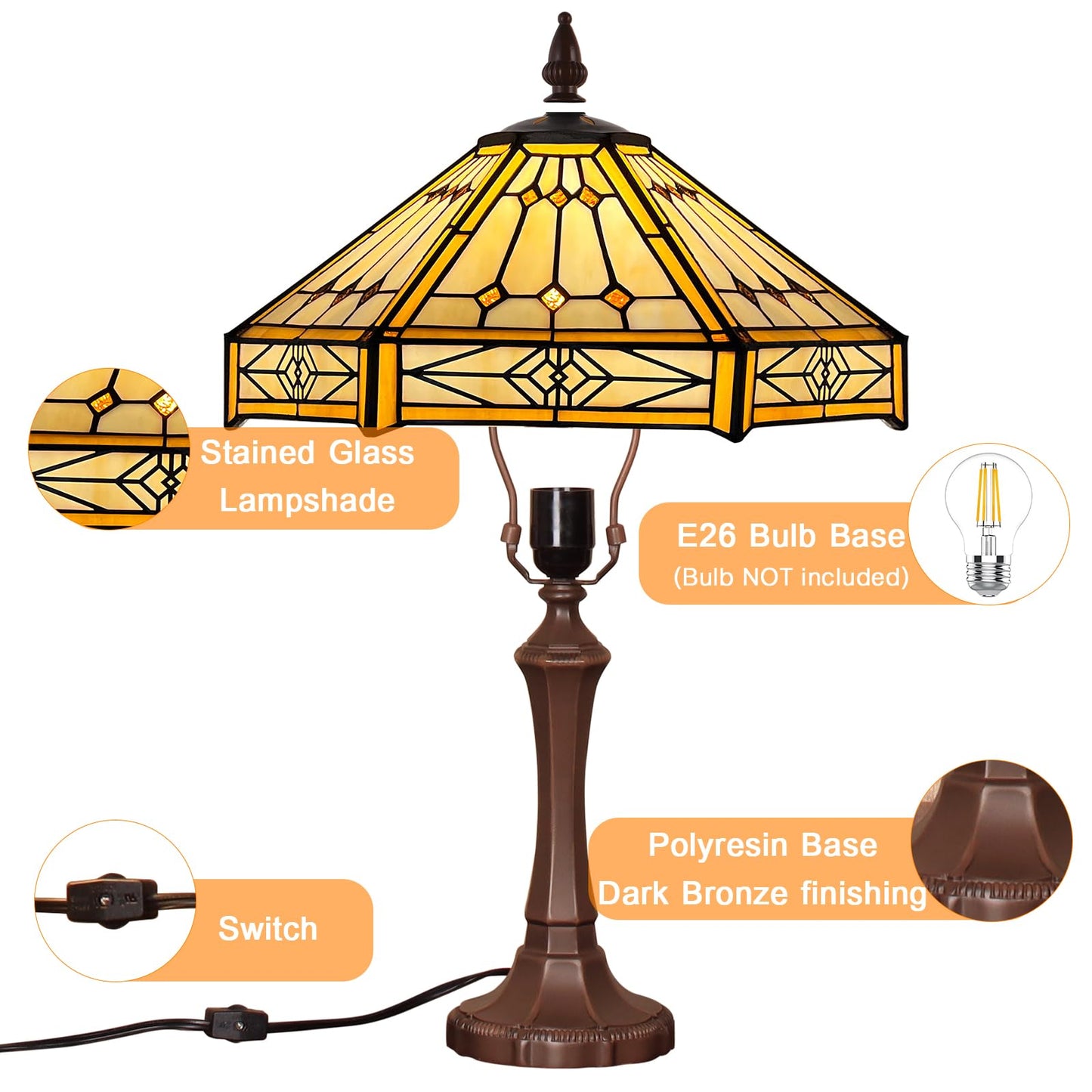 Capulina Tiffany Table Lamp Cream Hexagon Stained Glass 13x13x20 Inch