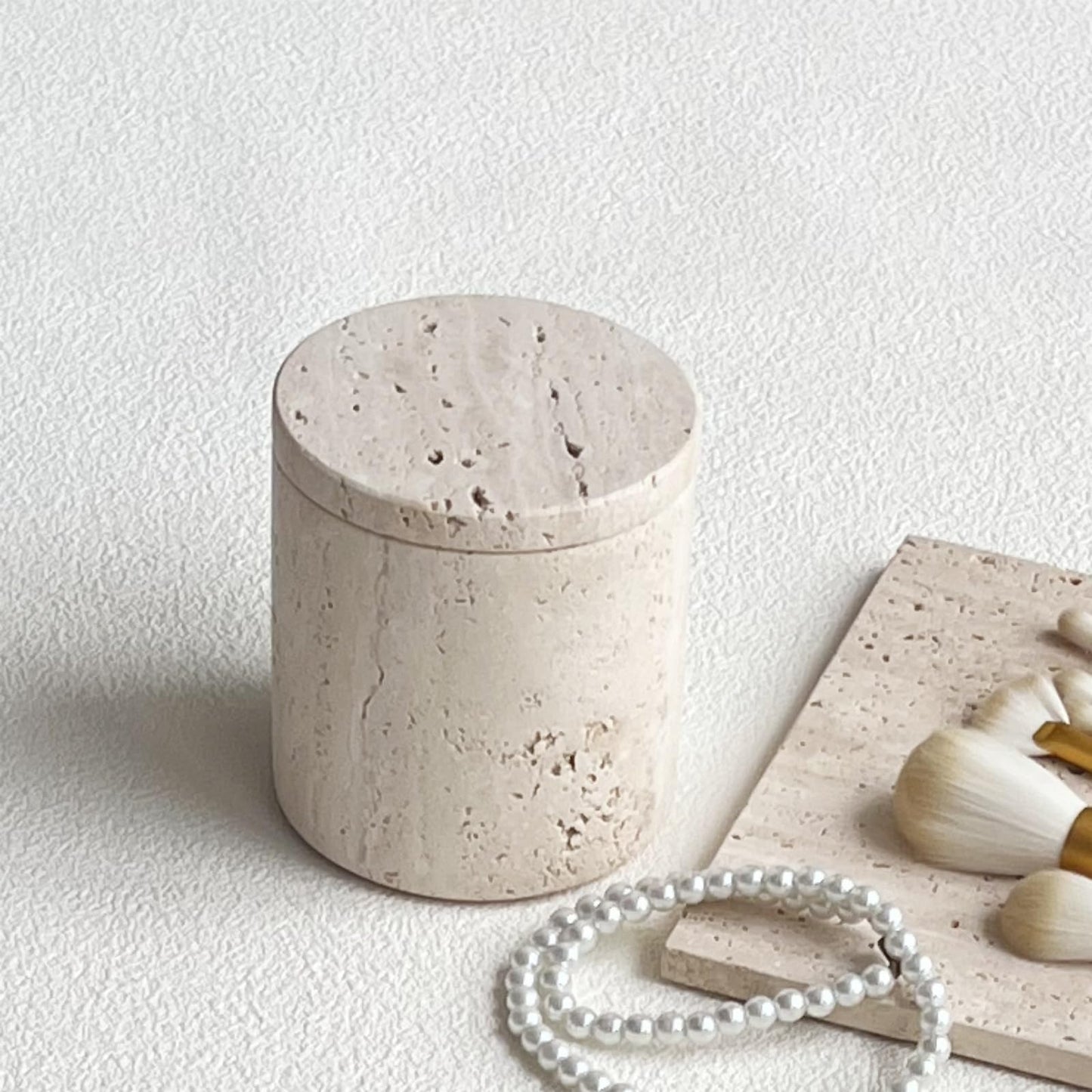 StonePlus Natural Marble Stone Travertine Jar Container Storage Box Cup with Lid (Beige Travertine)