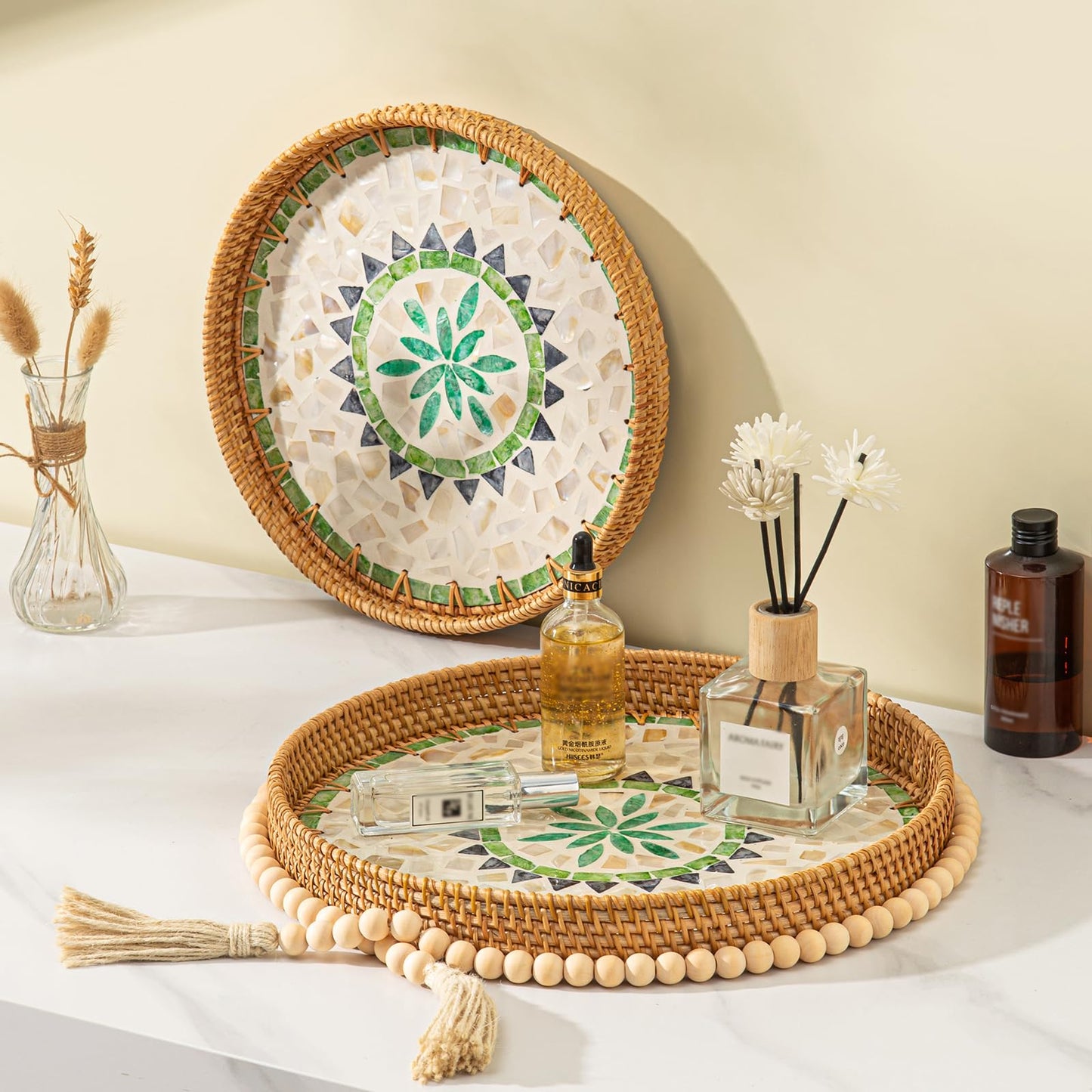 14 inch Round Rattan Tray Home Decor, Wicker Serving Tray with Mother of Pearl Inlay, Boho Decorative Tray for Coffee Table, Ottoman, Kitchen Table, Bathroom (Coastal Blue)