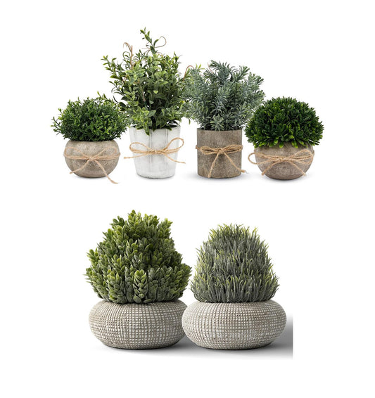 PENGYEE 4 Pack Small Fake Plants in Pulp Pots & 2 Pack Artificial Plants in Cement Planters Bundle