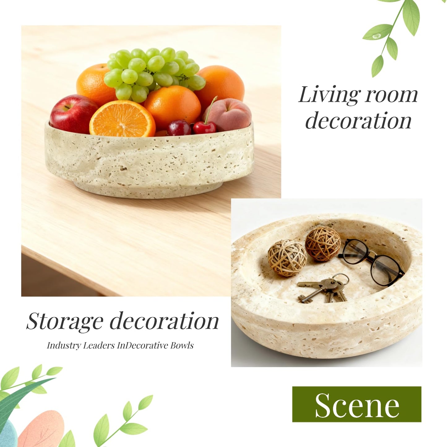 OZLMC Natural Travertine Marble Bowl - 7.8″ Handcrafted Stone Decorative Bowl for Kitchen Fruit, Entryway Keys, Dining Table Centerpiece & Modern Home Decor