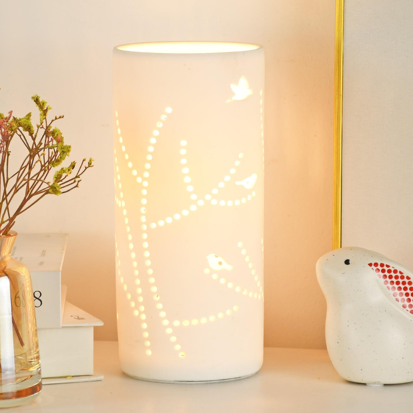 Lampwell Dana Small Modern Ceramic Table Lamp, White, 3.54H7.87IN, Bulb Excluded, Carving Tree