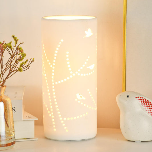 Lampwell Dana Small Modern Ceramic Table Lamp, White, 3.54H7.87IN, Bulb Excluded, Carving Tree