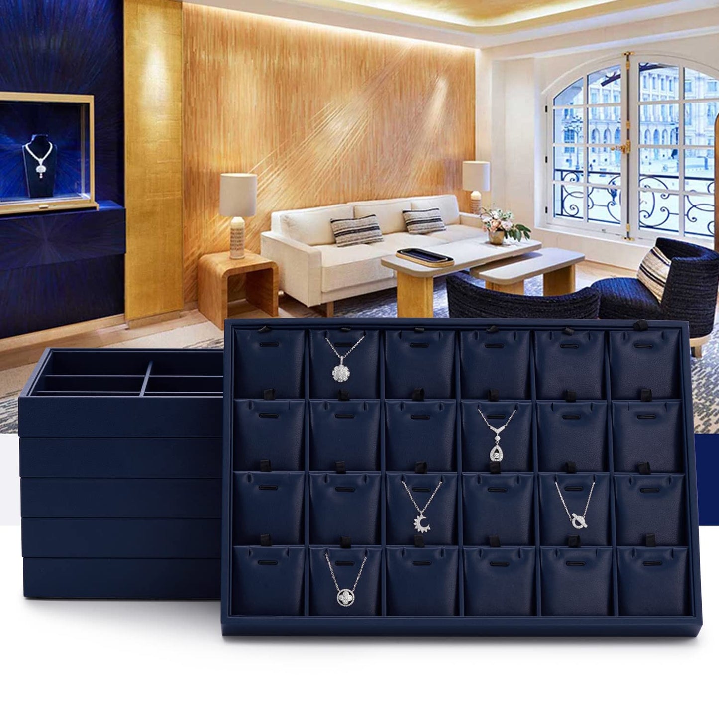 Oirlv Stackable Premium Leather Jewelry Trays 24 Grid Jewelry Organizer for Drawer Rings Earrings Holder Organizer
