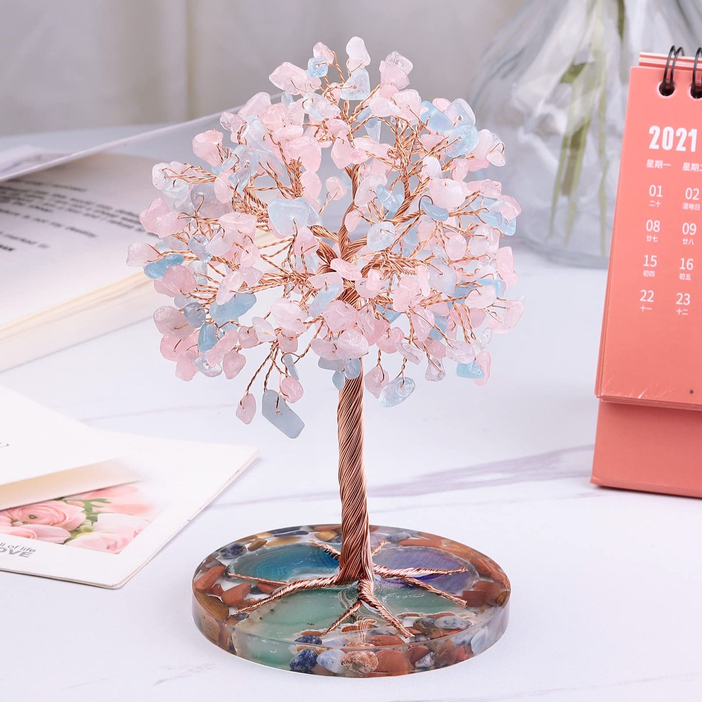 Rockcloud 4.7"-5.5" Rose Quartz&Aquamarine Money Tree with Agate Slice Base