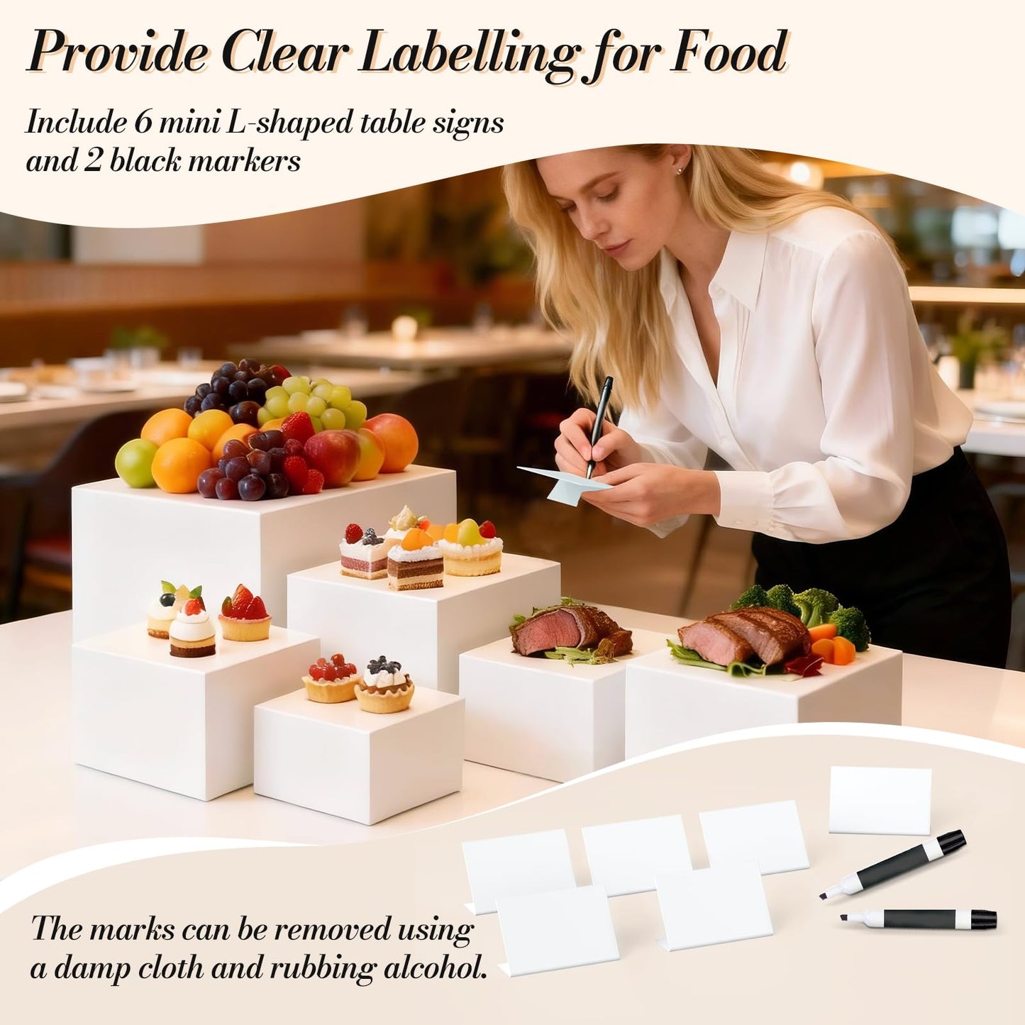 6 Pcs Buffet Risers with Mini Sign and Maker, Food Risers Display Stands for Buffet Table Party Catering Dessert Jewelry Collectibles, Nesting Cube Boxes with Hollow Bottoms (8",7",6",5",4",3")