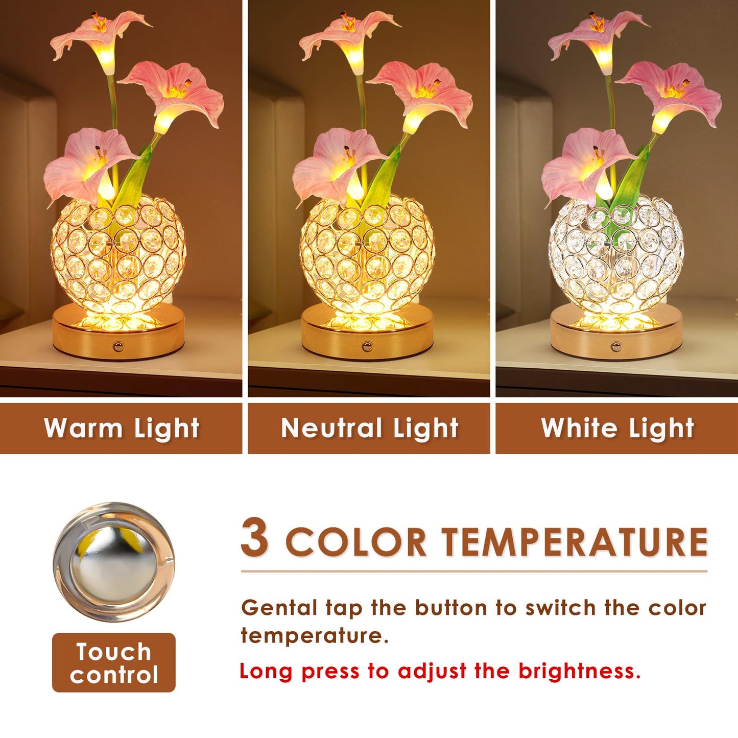 Lazzgan Pink Morning Glory Flowers Table Lamp, Rechargeable Cordless Touch Artificial Flower Crystal Lamp, Kitchen Bedroom Office Decor House Night Light, Birthday Gifts for Women Mom