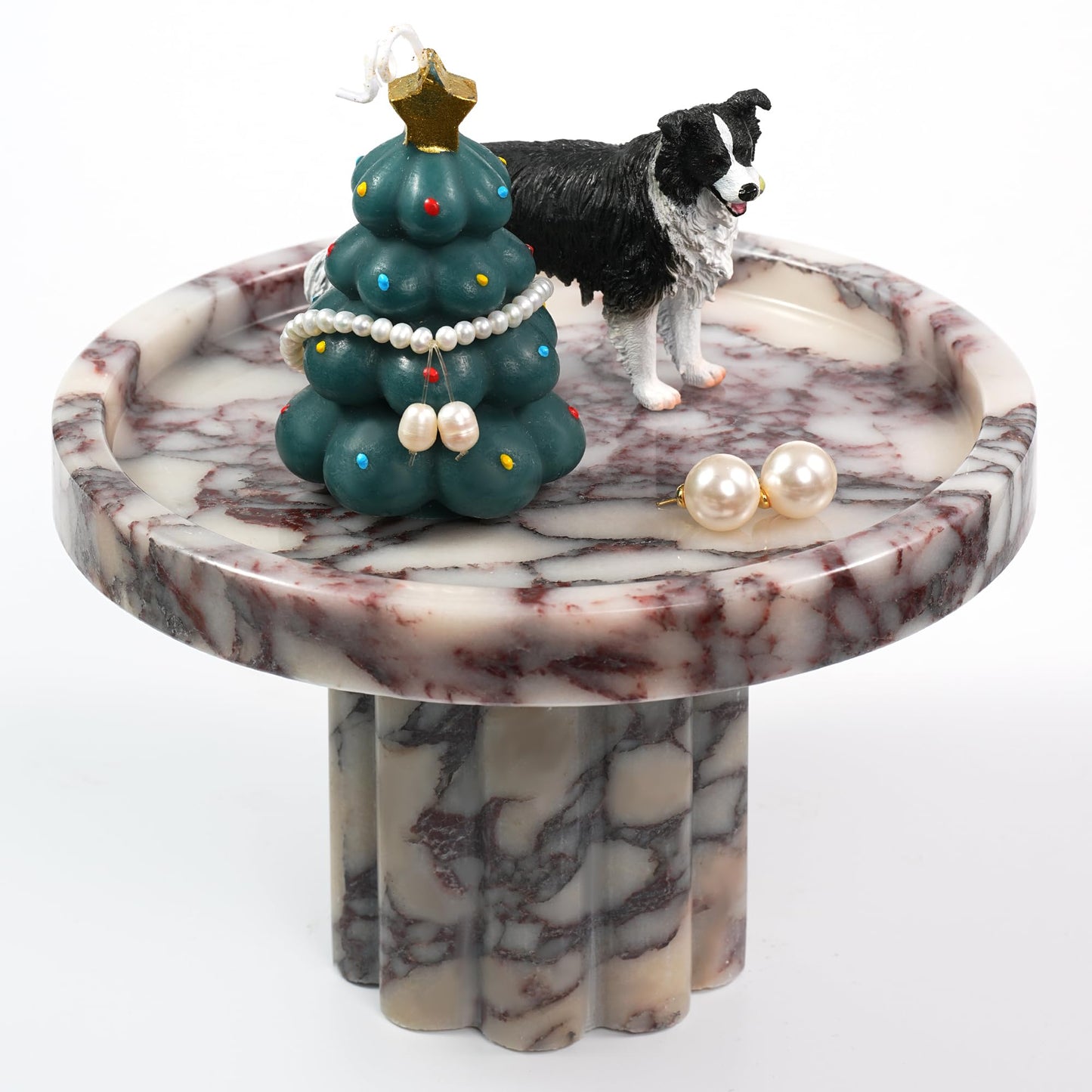 LWALMS Marble Perfume Tray with Legs - Round Decorative Stone Pedestal for Bathroom Vanity Coffee Table Kitchen Countertop, Footed Jewelry Candle Organizers Catchall Plate Riser with A Scalloped Leg