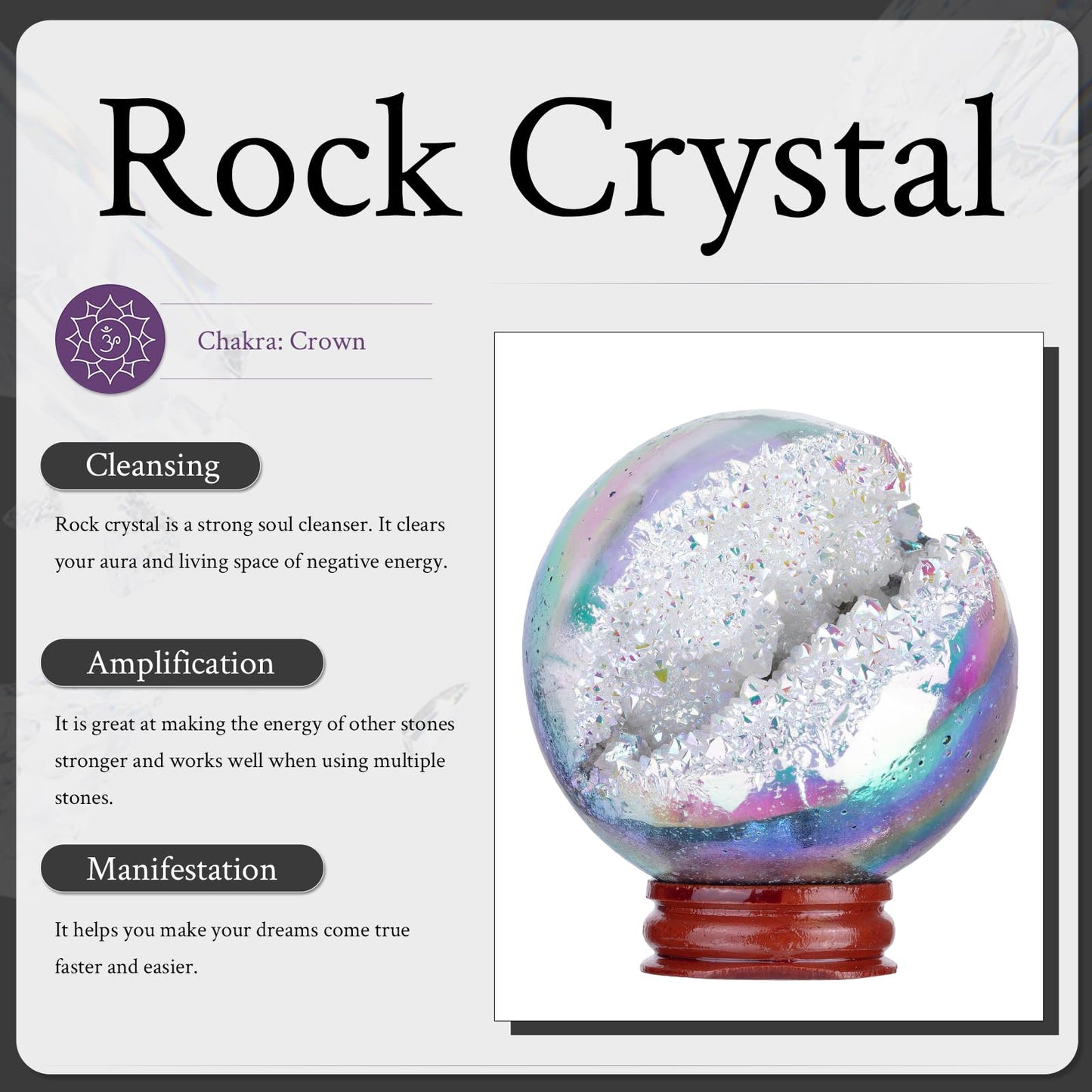 Sportmusies Titanium Coated Rock Crystal Geode Ball with Wooden Stand, Druzy Quartz Stone Cluster Sphere Reiki Home Office Decoration, Angel Aura