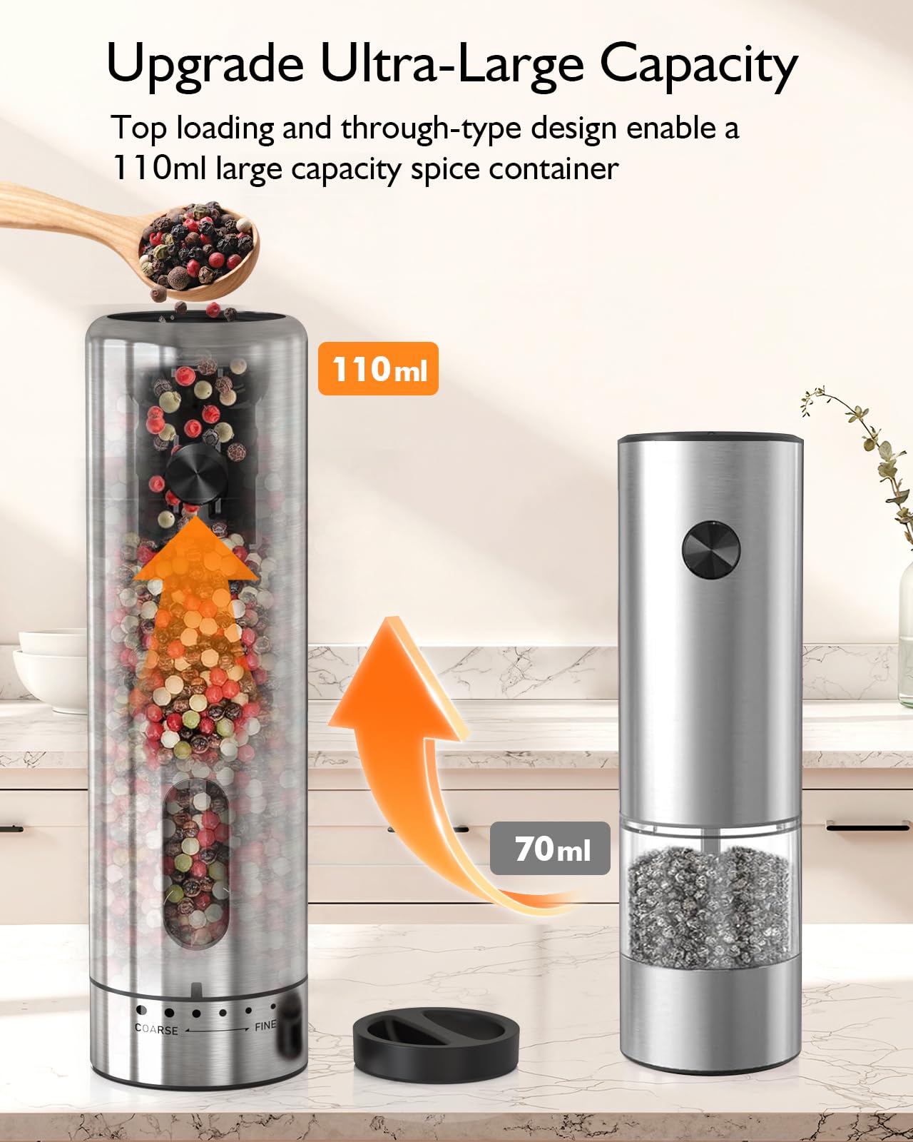 Electric Salt and Pepper Grinder Set, Upgraded 2-Speed Setting, External 6 Adjustable Coarseness, USB C Dual Rechargeable Base, All Stainless Steel Automatic Salt & Pepper Mill Shakers with LED Light