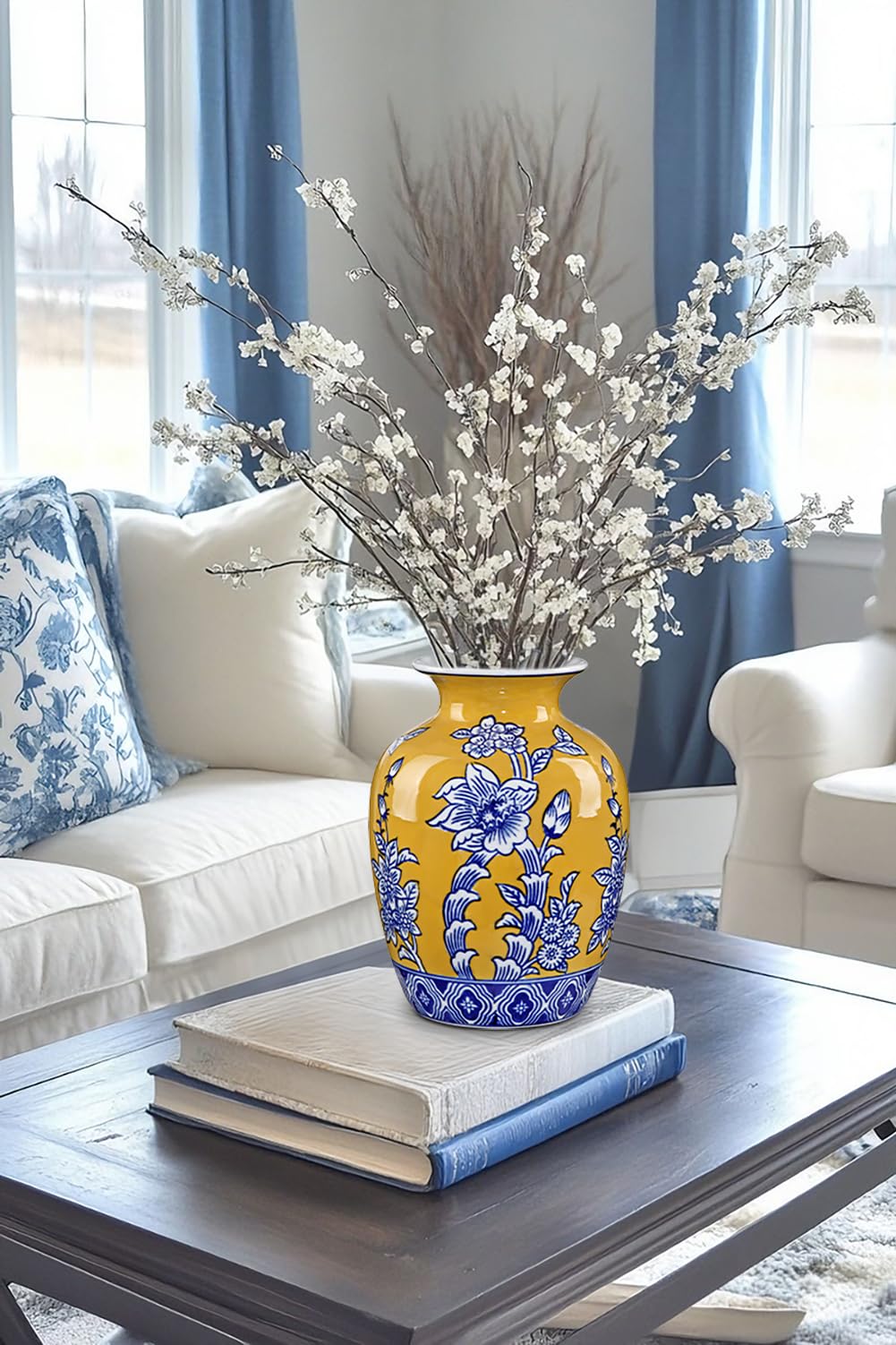 Blue and Yellow Ceramic Vase, 8.4" Tall Chinoiserie Flower Vase Decor with Wide Mouth, Royal-Inspired Decorative Porcelain Vases for Centerpieces, Table, Shelf & Home Decor, Wedding, Housewarming Gift