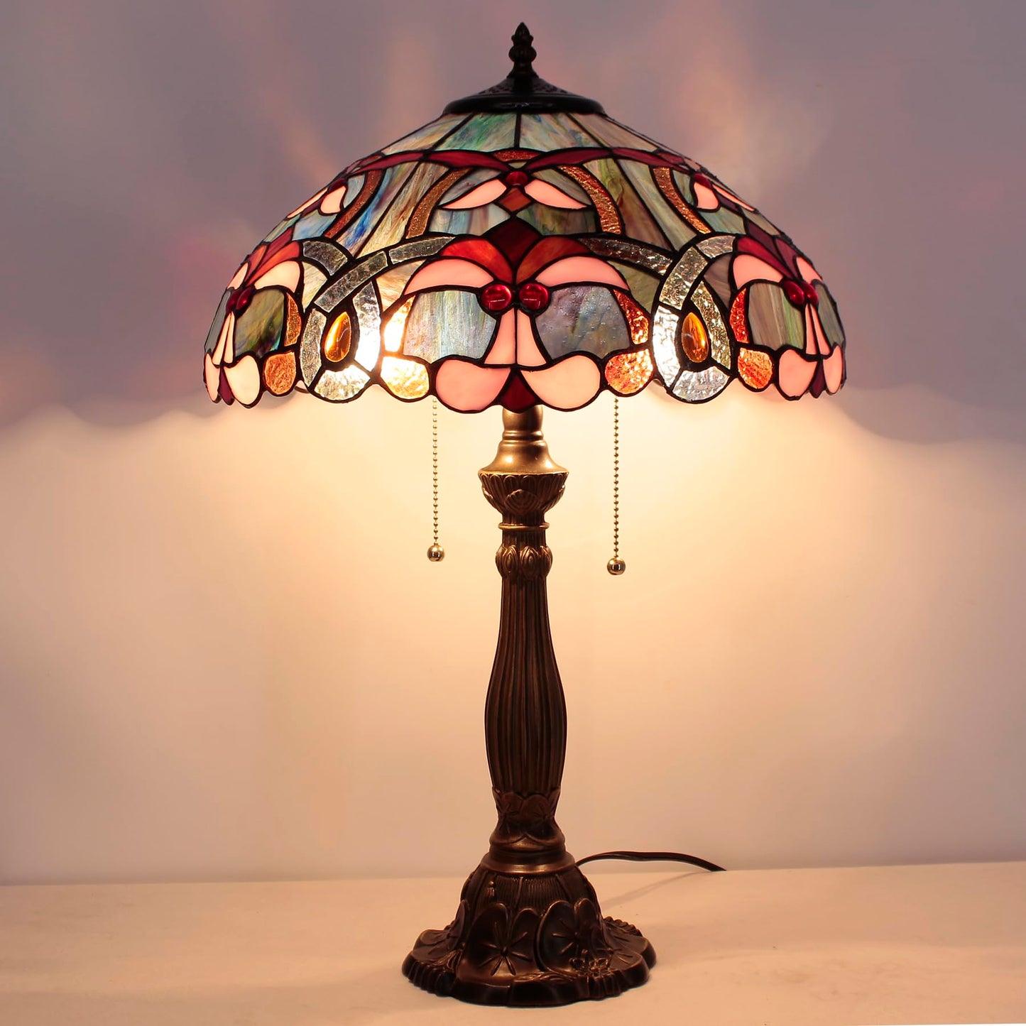WERFACTORY Tiffany Lamp Blue Pink Stained Glass Bedside Table Lamp