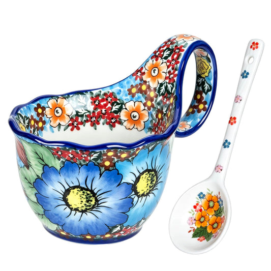 OZY Handpainted Soup Bowl with Handle,Ceramic Cereal Bowl Great for Soup, Ice cream, Fruits,Snack,Microwave &Dishwasher Safe (Dark Blue)
