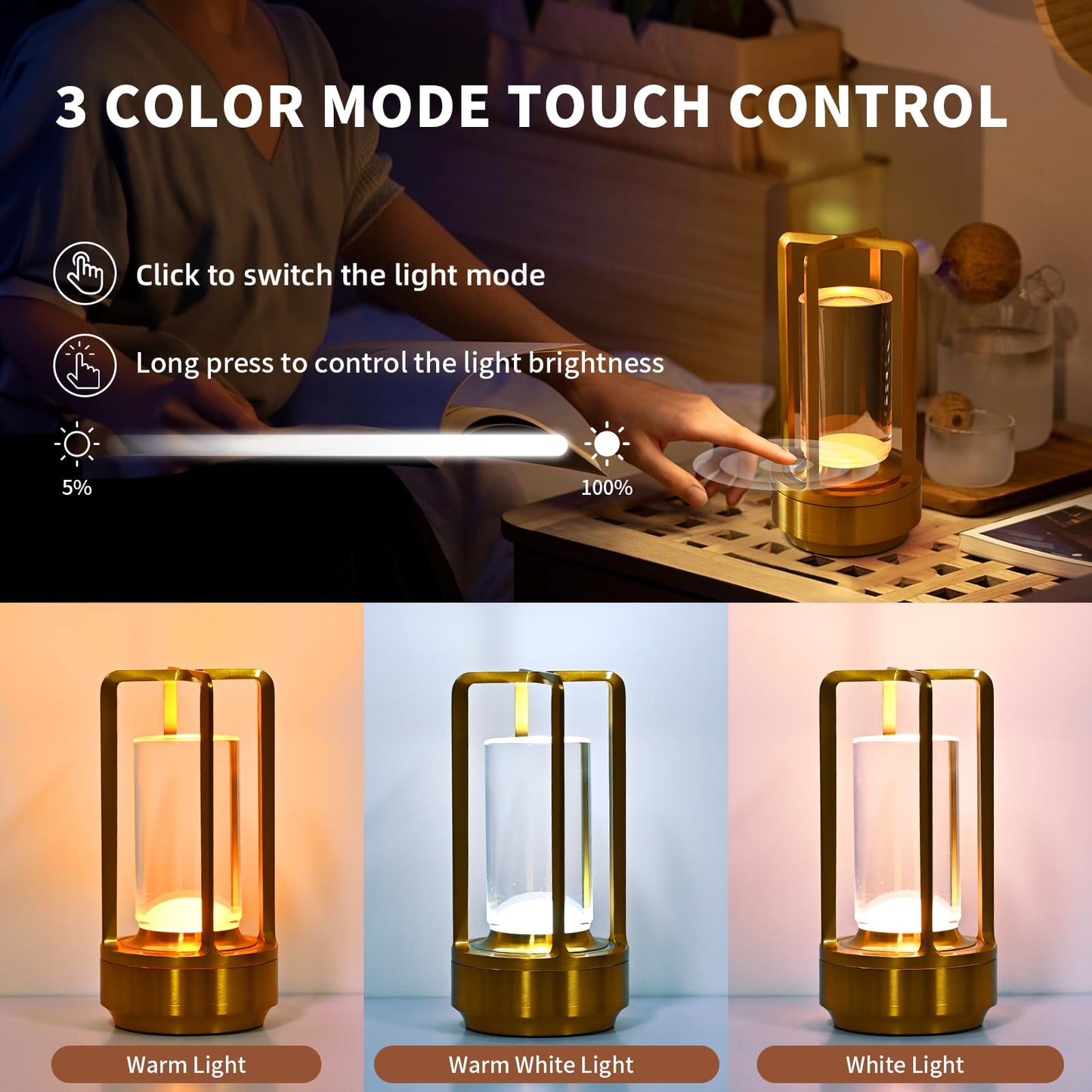 PIKAFOX Crystal Lantern lamp with Touch Dimming, Rechargeable LED Table Lamp, 3-Color Adjustable Brightness, 4200mAh Battery Powered Desk Light for Bedroom, Restaurant, Outdoor