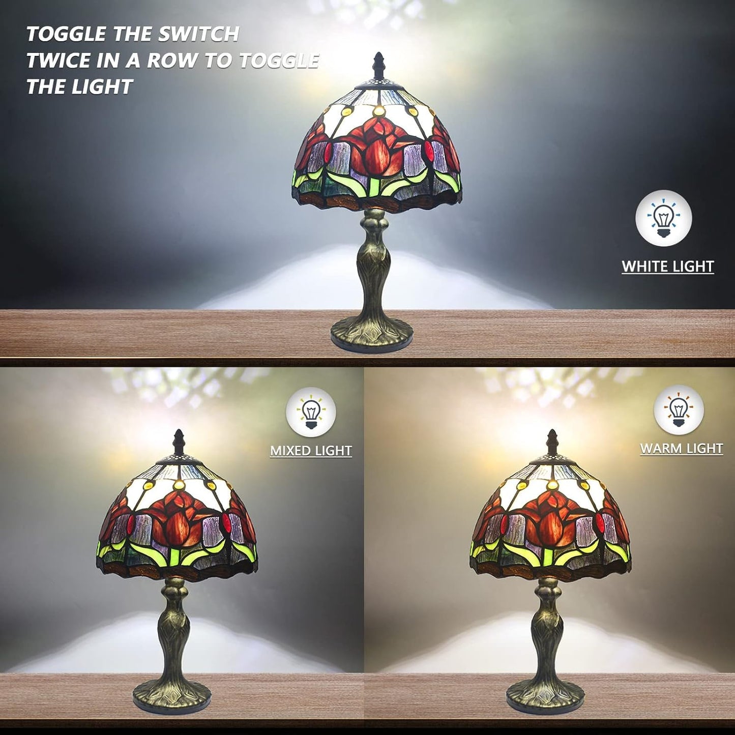 MIAOKE Stained Glass Table Lamp,Stained Glass Crystal Bead Style Table Light, Handmade Desk Bedside Night Light, Antique Art Craft Gifts Lover Living Room Bedroom Bookcase (Red Tulips)