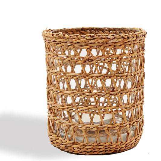Rattan Woven Tea Light Candle Holder, Decorative Handwoven Candle Holder, Rustic Vintage Seagrass Votive Candle Holders for Dining Table Kitchen Decor Serving Tray