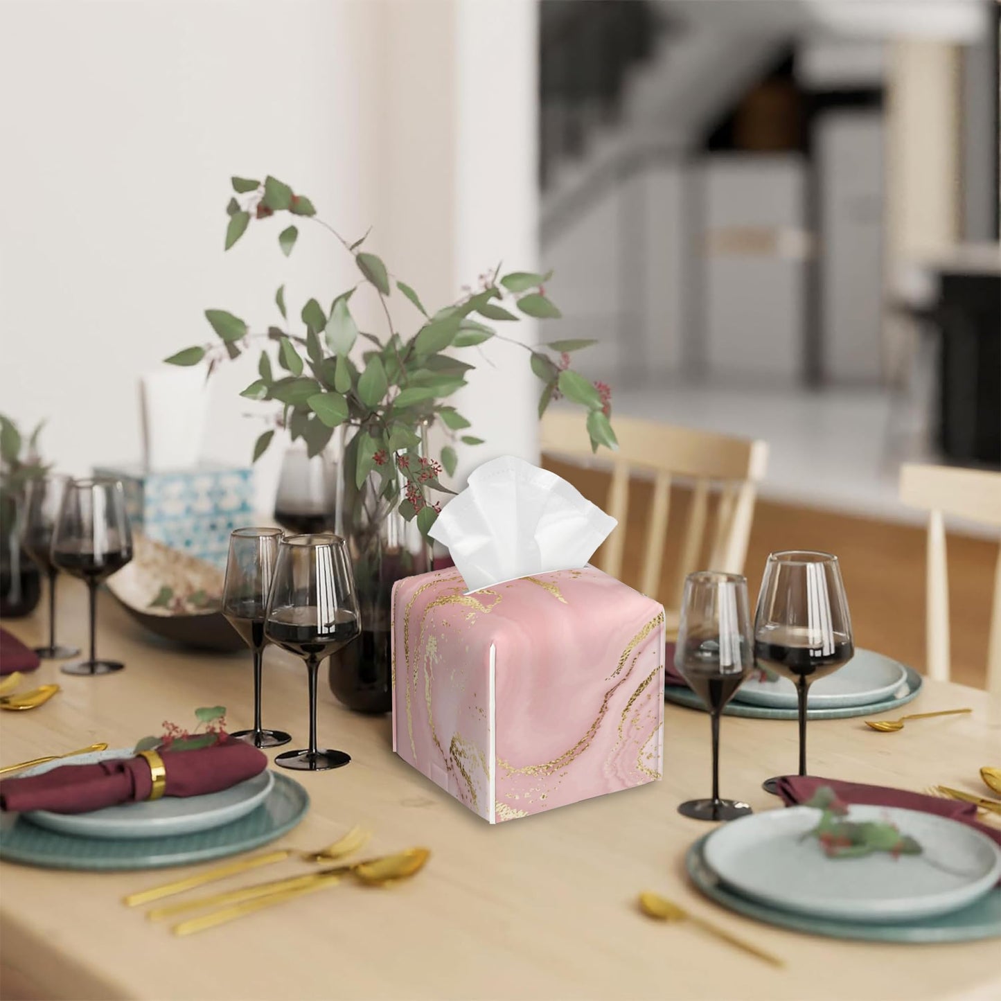 Pink Marble Tissue Box Cover Square,Tissue Box Holder with Belt Bottom,Stylish Leather Napkin Holder for Vanity Countertop,Nightstands,Office Desk,5.2"×5.2"×5.2"