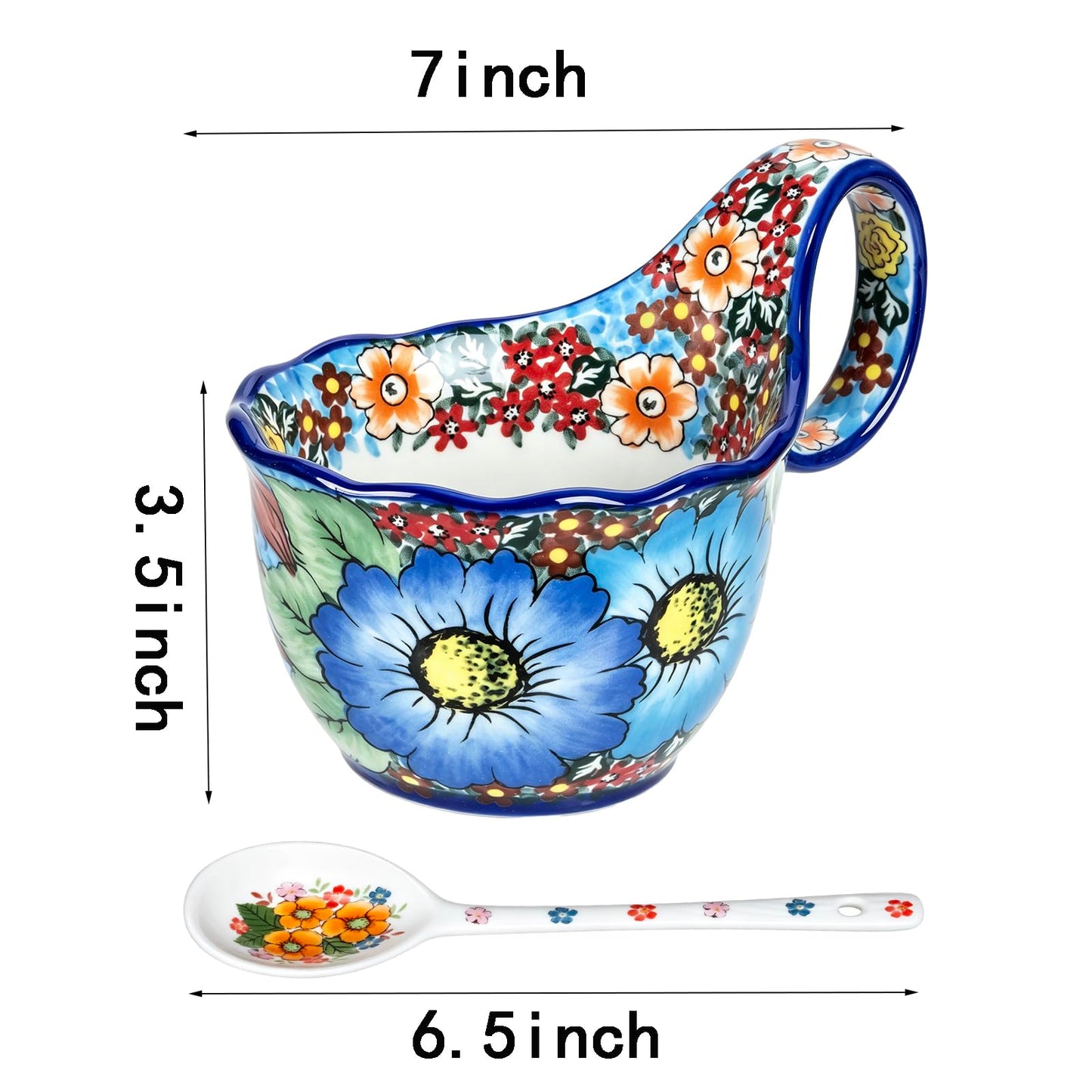 OZY Handpainted Soup Bowl with Handle,Ceramic Cereal Bowl Great for Soup, Ice cream, Fruits,Snack,Microwave &Dishwasher Safe (Dark Blue)