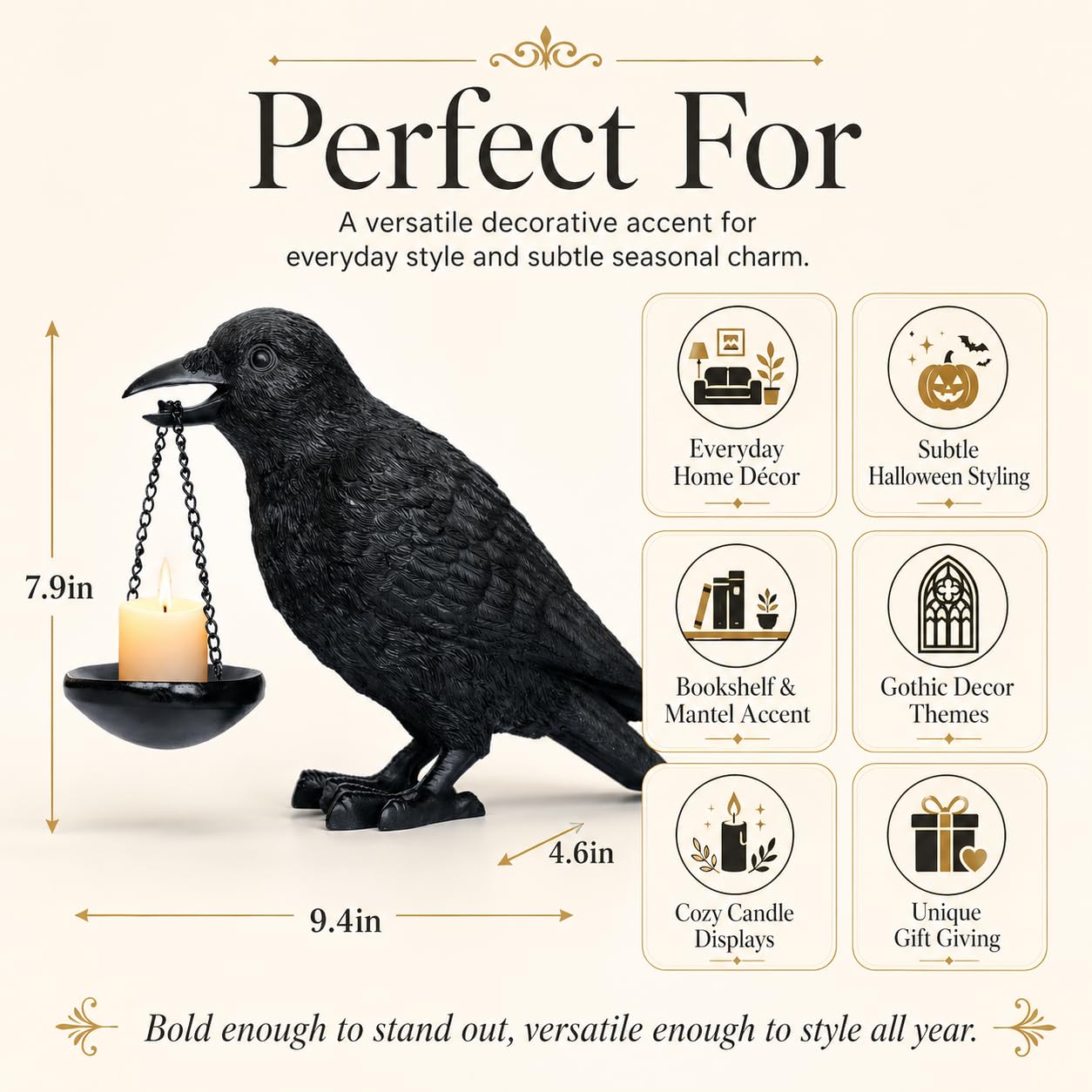 Gothic Crow Lamp with Tealight Candle Holder Raven Statue Halloween Decor Black Bird Decorations Indoor Gothic Home Decor for Living Room Tabletop Shelf Bedroom Unique Goth Witchy Gifts