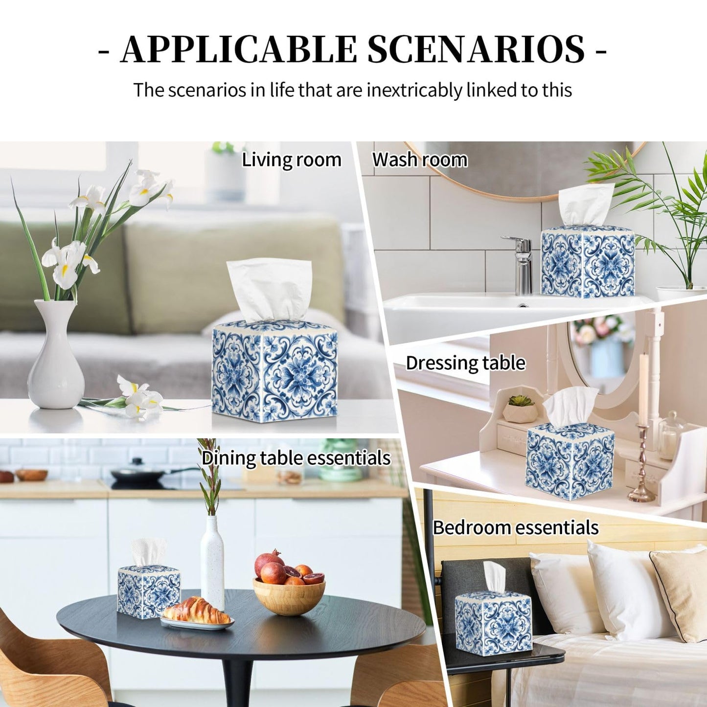 YPPAHHHH Square Tissue Box Cover Blue Boho Flower Retro Ceramic Cube Tissue Holder Cover Pu Leather Tissue Box Holder for Office Kitchen Car Bathroom Facial Paper Organizer Dispenser Covers