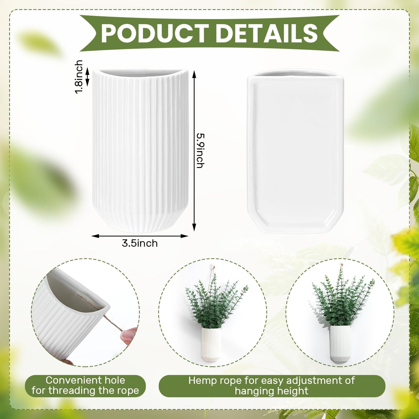 Ninehaoou 2 Pcs 5.9 Inch White Ceramic Wall Planter Modern Home Hanging Vase for Living Room Bedroom Bathroom Minimalist Indoor Ceramic Hanging Flower Vase for Dried Flowers Faux Greenery Plants