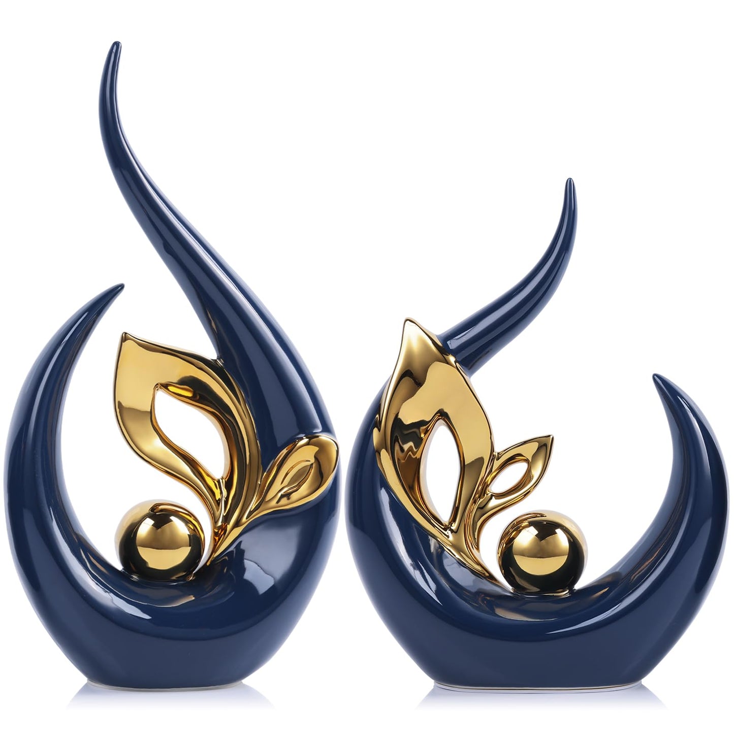 9.4" H Blue Gold Abstract Sculptures Home Decor, Ceramic Art Statue Cool Stuff to Put on Shelves&tv Stand Decor, Gold Accent Entertainment Center, for Fireplace Coffee Table Dining Table Decorate