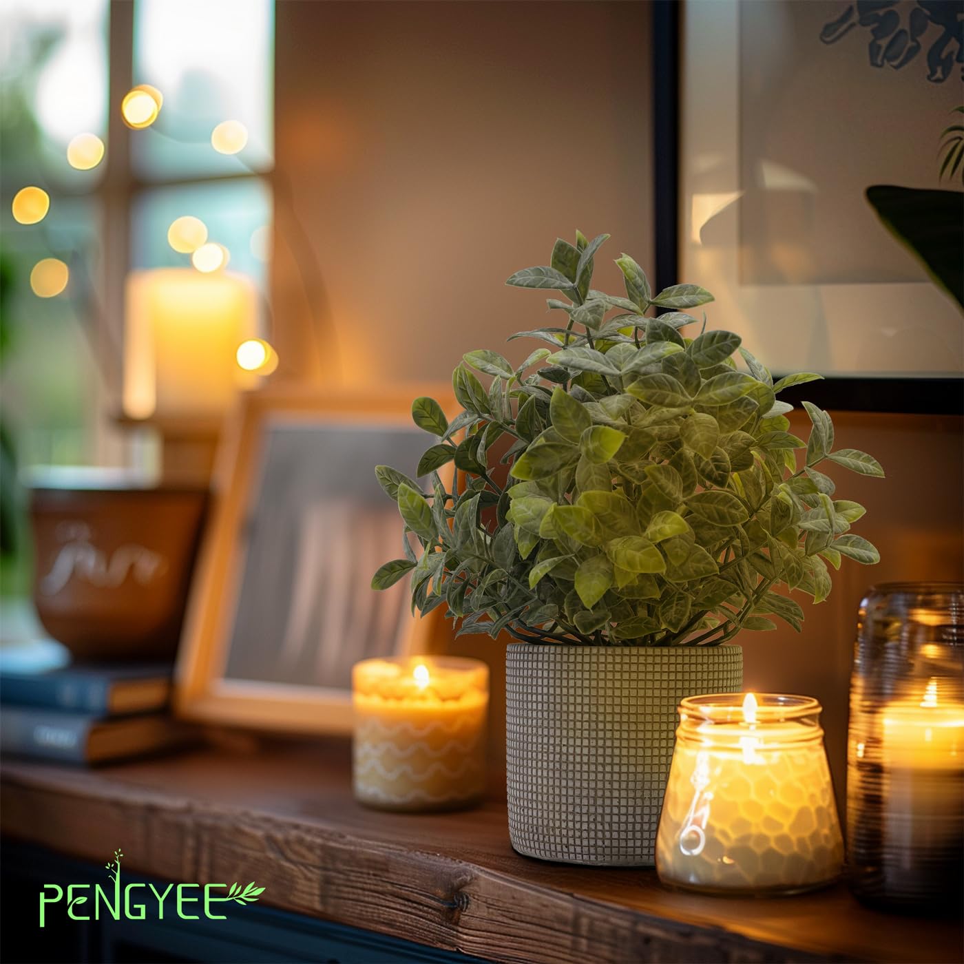 PENGYEE Fake Plants Indoor Set, 7Pcs Artificial Plants in Cement Planter for Home Decor